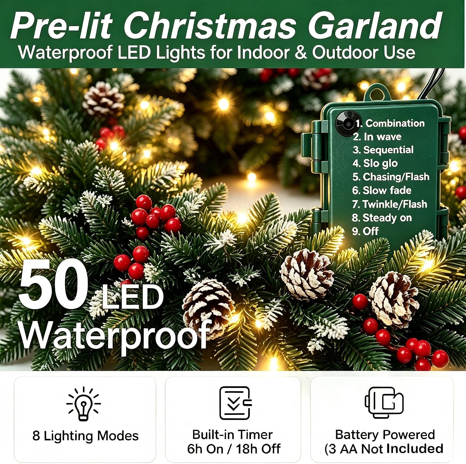 Detalle 2 de YOLOK YN-002 9 ft Artificial Christmas Garland with 50 LED Lights