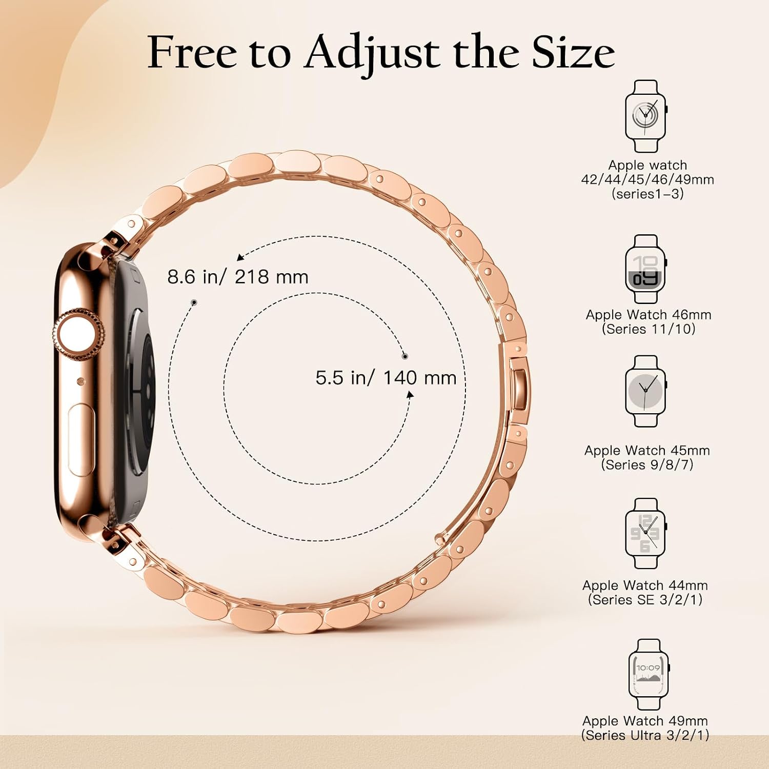 Detalle de TiMOVO Metal Strap for Apple Watch – 46mm/49mm and 42–45mm, Rose Gold, Dressy Band for Women