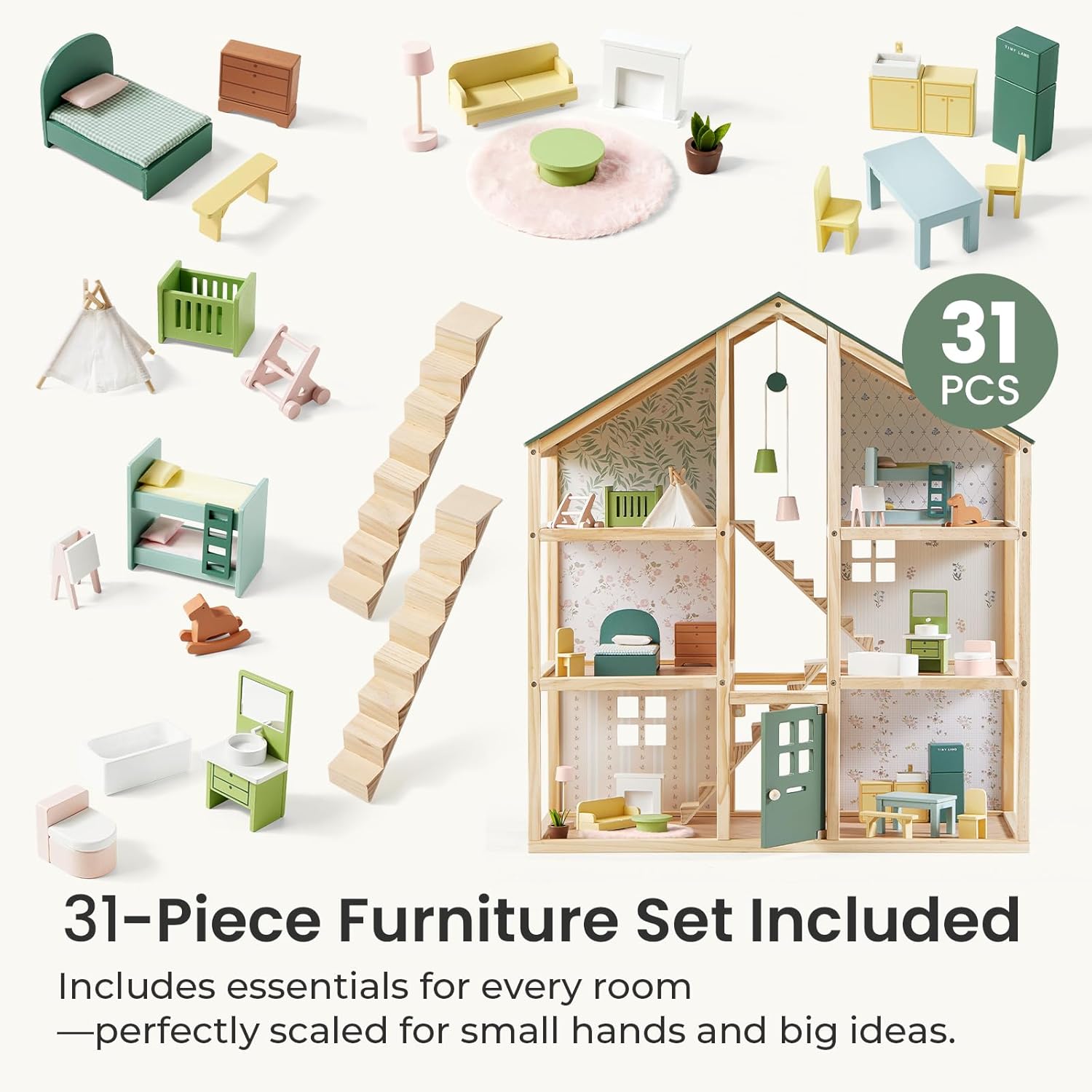 Detalle de Tiny Land Wooden Dollhouse for Girls – 6 Rooms, 31-Piece Furniture Set, Green