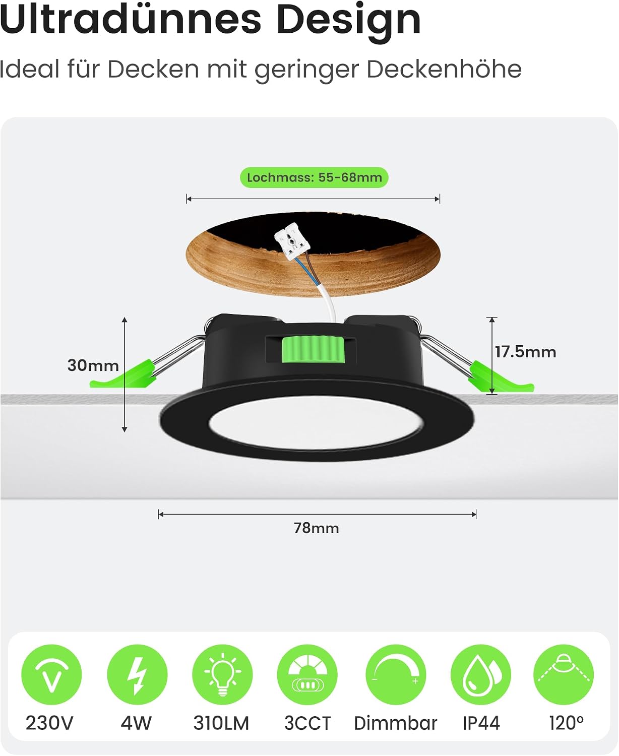 Detalle 2 de ALUSSO LED Einbaustrahler 230V 4W Flach – 12er Set, dimmbar, IP44, 3 Farbtemperaturen
