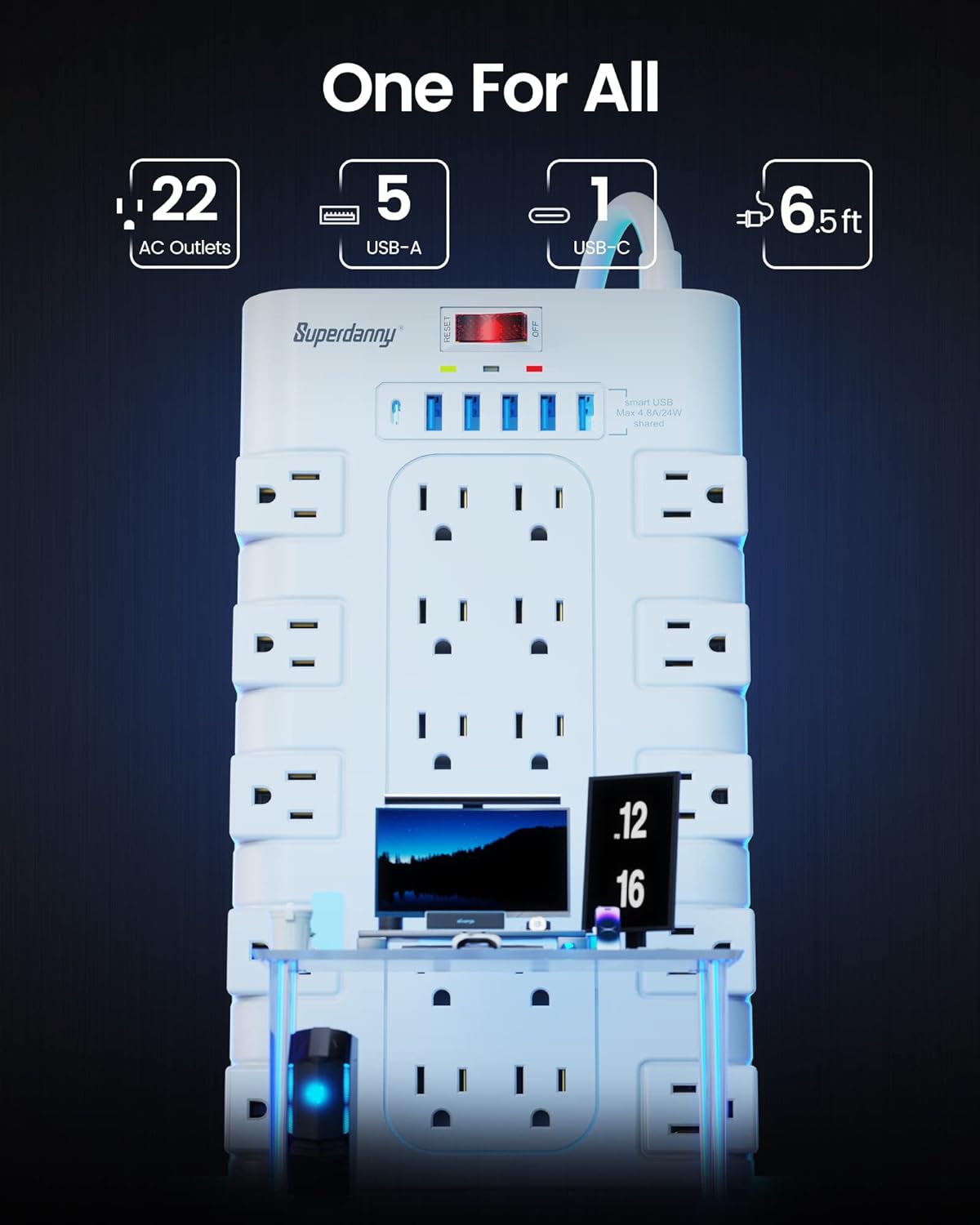 Thumbnail 1 de SUPERDANNY QR2260-U Power Strip Surge Protector, 22 Outlets, 6 USB Ports