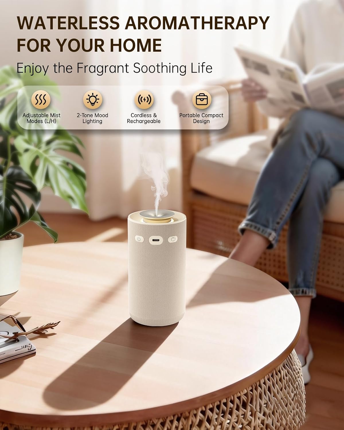 Detalle de Aroma Diffuser Kabellos – Wasserloser Duftzerstäuber mit Stoffbezug, Akku & Warmlicht (Cremeweiß)