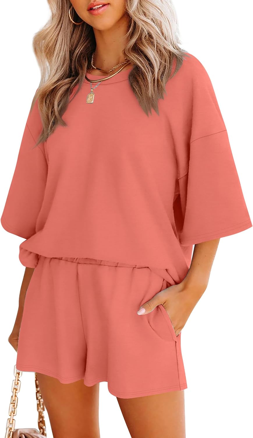 Detalle de Sampeel Women’s 2-Piece Lounge Set with 3/4 Sleeve Oversized Top and Drawstring Shorts
