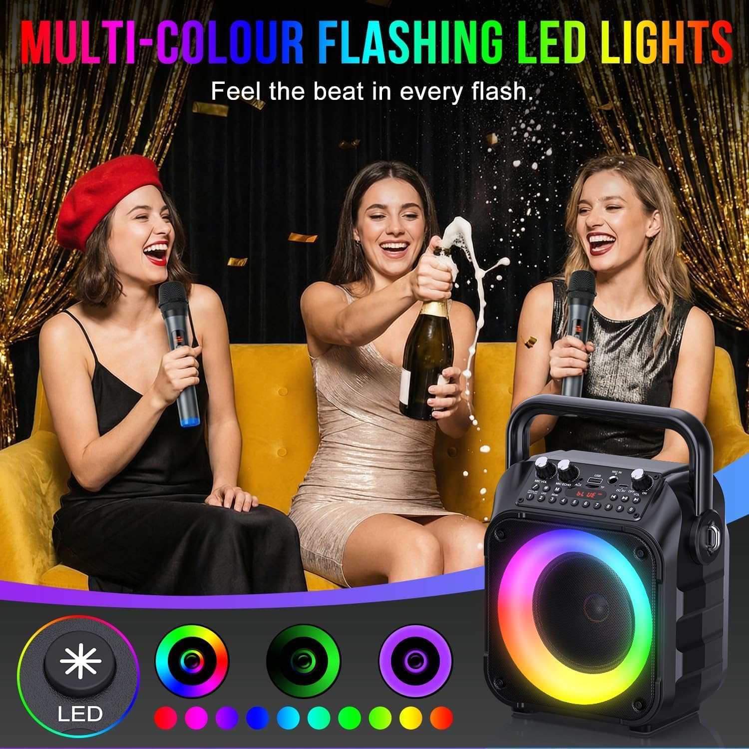 Detalle 2 de voijump K303-N Portable Karaoke Machine with Bluetooth, LED Lights and 2 Wireless Microphones