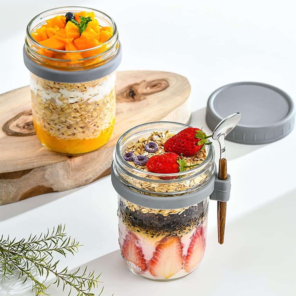 Thumbnail 1 de Reusable Overnight Oats Jars with Lid and Spoon – Set of 4, 10 oz Airtight Glass Oatmeal Containers