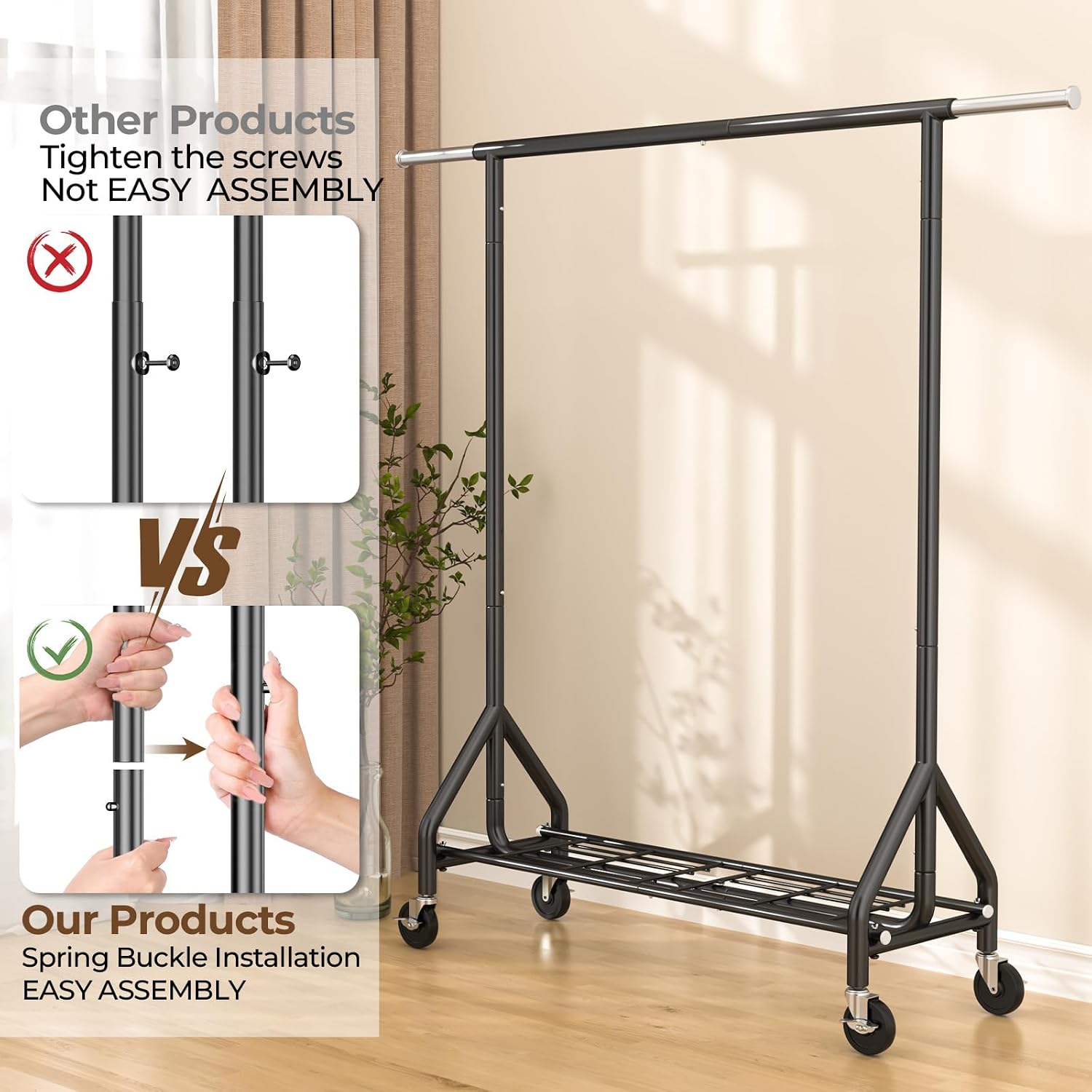 Detalle 2 de HYSEYY YS-K 1302B Heavy-Duty Rolling Clothes Rack with Extendable Rail
