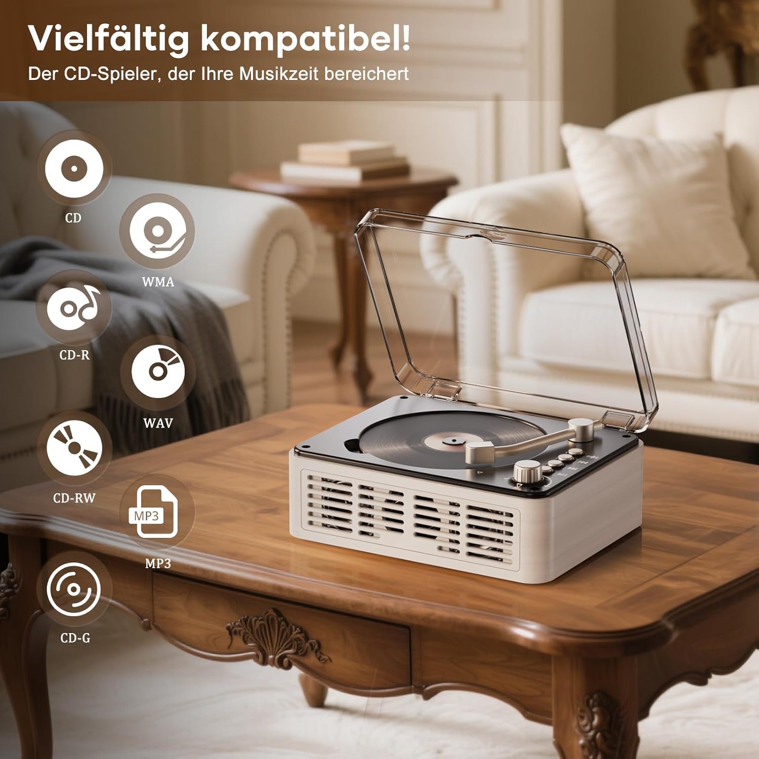 Detalle 2 de Tragbarer Bluetooth CD Player mit Fernbedienung (Timzeit) – Retro-CD-Spieler mit FM-Radio, USB/AUX und Kopfhörerausgang
