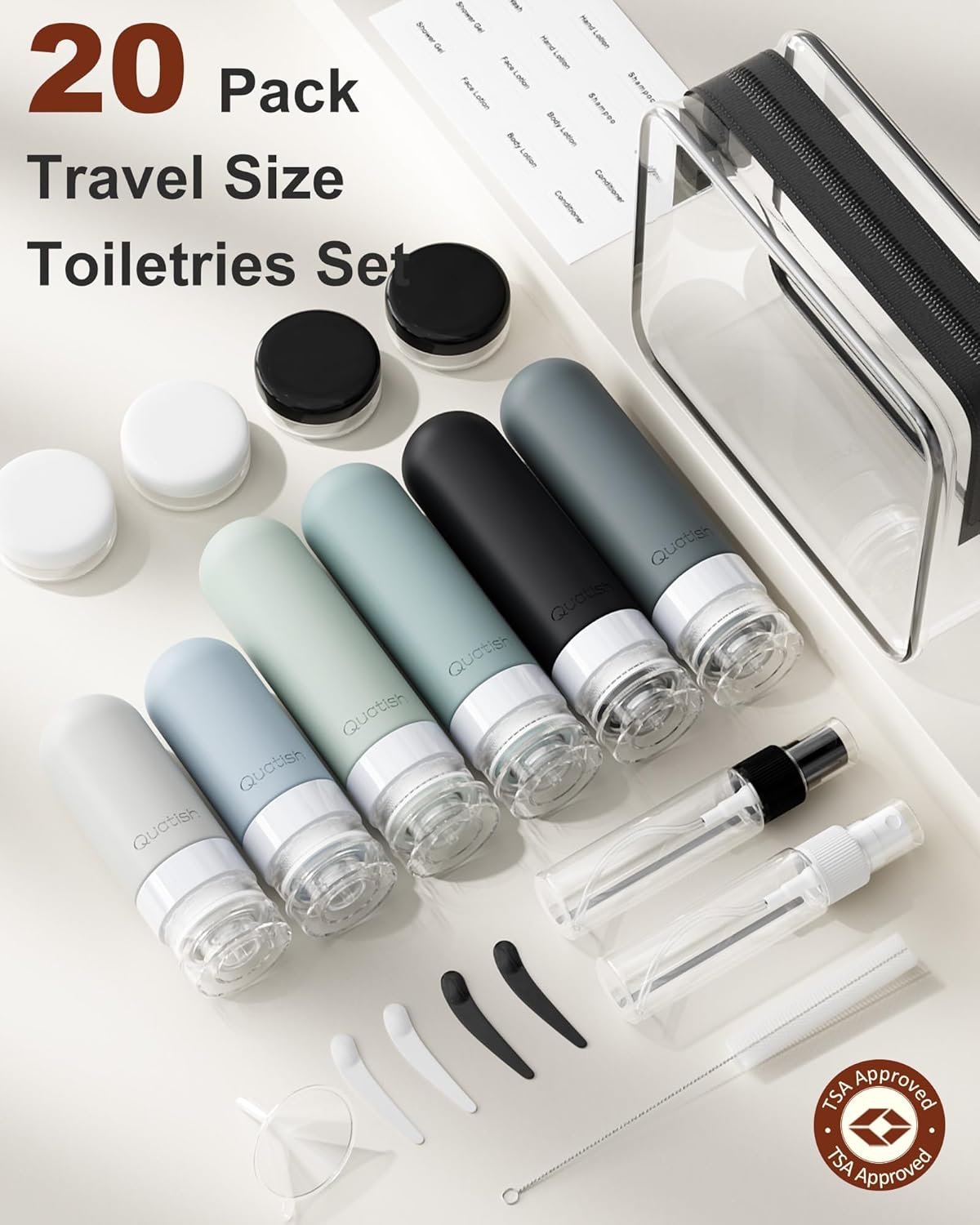 Detalle de 20-Pack Travel Bottles Set: TSA-Approved, Leak-Proof Silicone Toiletry Containers (Black)