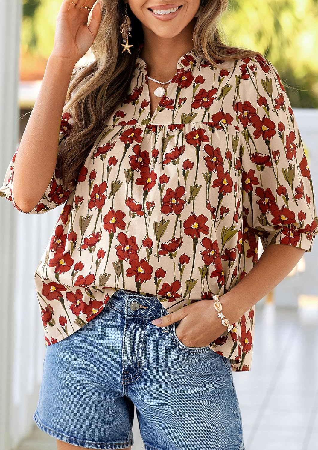 Detalle de PRETTYGARDEN Women's 2026 Summer Floral Blouse: Boho-Chic, Dressy-Casual Half Sleeve V-Neck Top