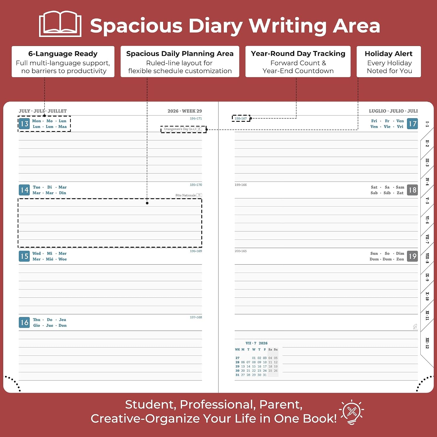 Detalle de IN-LUXPRO Academic Diary 2026-2027: A5 Week to View, Red PU Leather, 18 Months (Jul '26 – Dec '27)