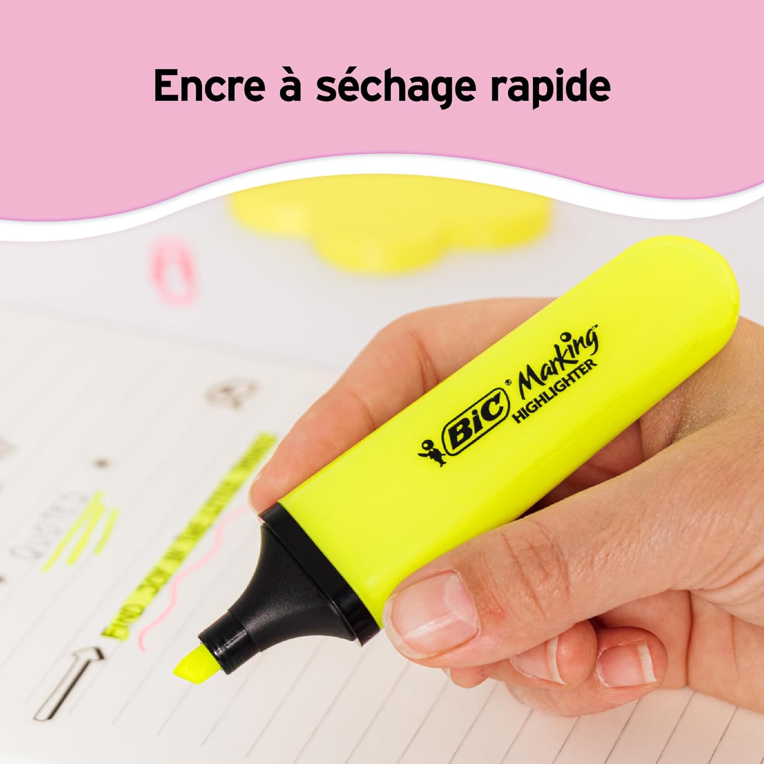 Detalle de Surligneurs BIC Marking à pointe biseautée modulable jaune fluo (1,2 mm à 4,6 mm), pack de 12