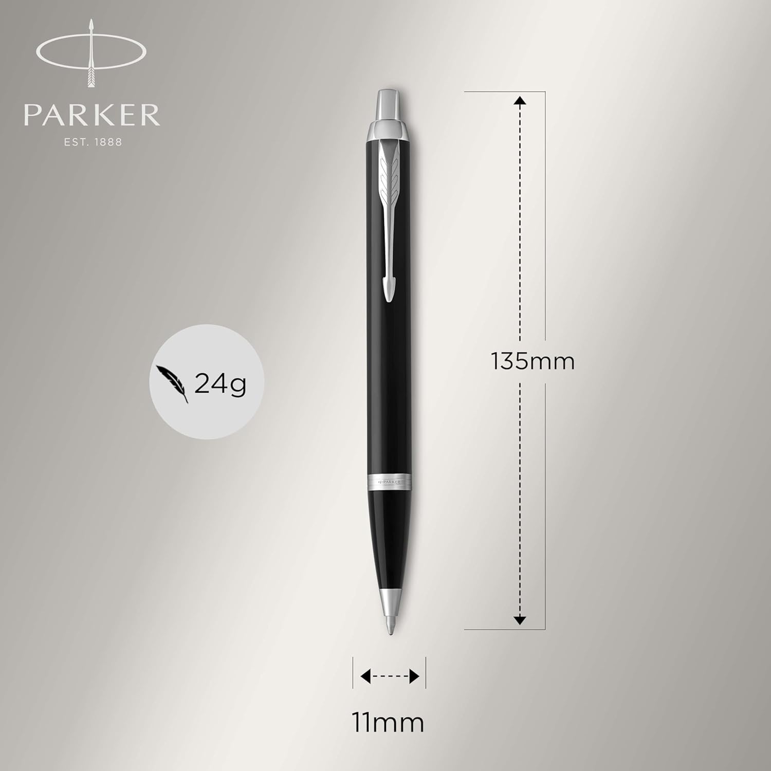 Detalle de Parker IM Kugelschreiber in Schwarz mit Chromteilen, mittlere Spitze und blauer Mine – in Geschenkbox