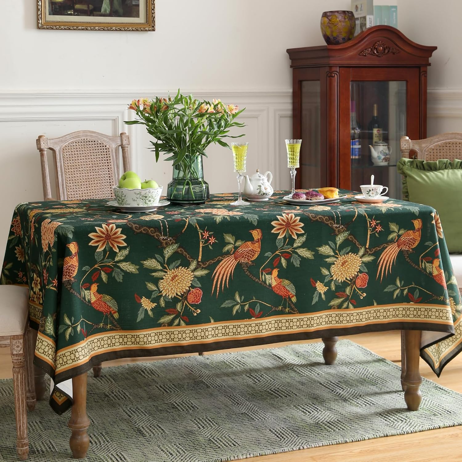 Thumbnail 6 de ISAENNE Designer Linen Green Square Tablecloth 67x67 — Mitchell Floral & Bird Pattern, Heavyweight Linen-Poly Blend