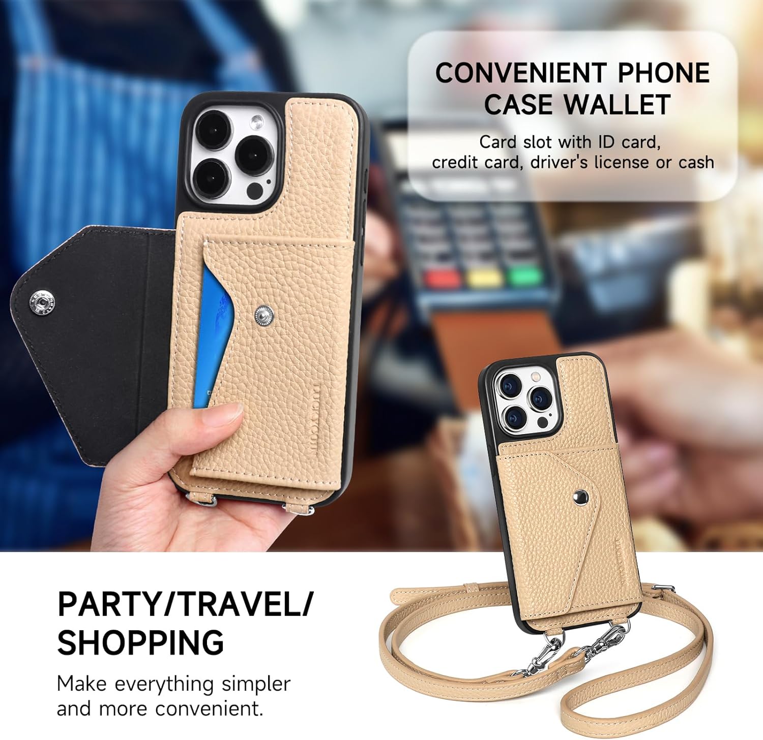 Detalle de LUCKYCOIN Crossbody Leather Phone Case for iPhone 15 Pro Max with Expandable Card Holder