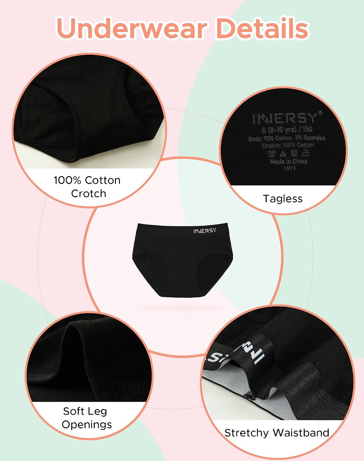Detalle de INNERSY Knickers for Teenage Girls – Soft Cotton, Tagless Comfort (Pack of 6)