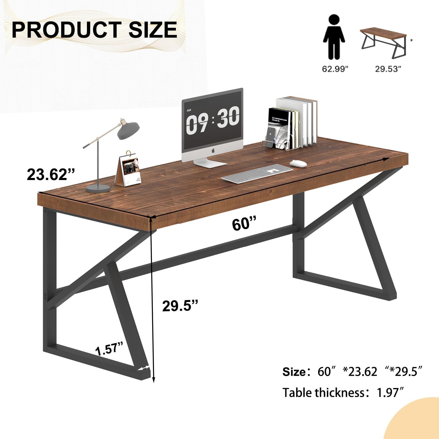 Thumbnail 1 de IBF scrivania in legno massello lungo in vero legno marrone, per PC e workstation, stile vintage/industriale