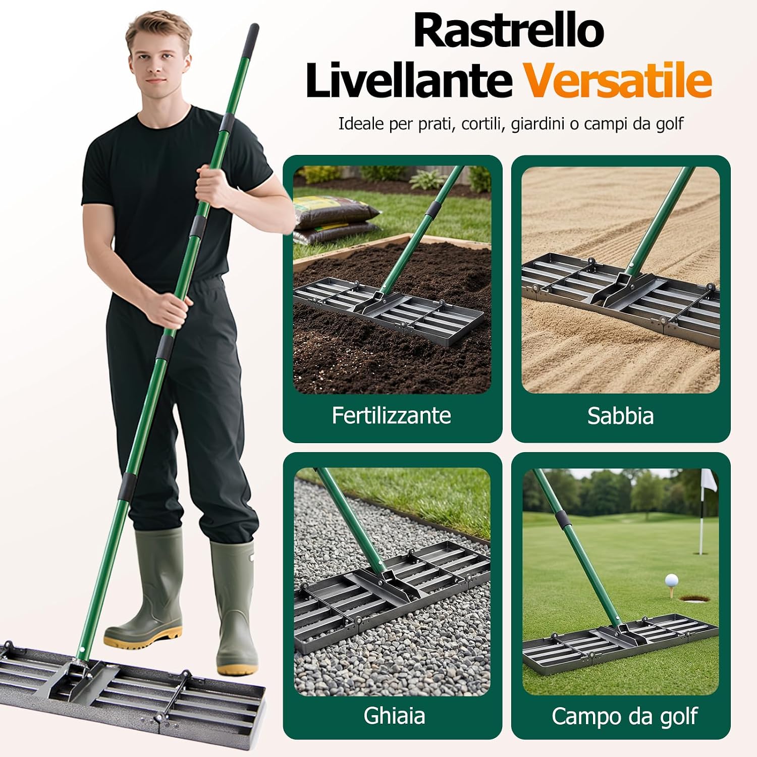 Detalle de Rastrello per livellamento prato 76 cm • manico regolabile 84–196 cm • pieghevole