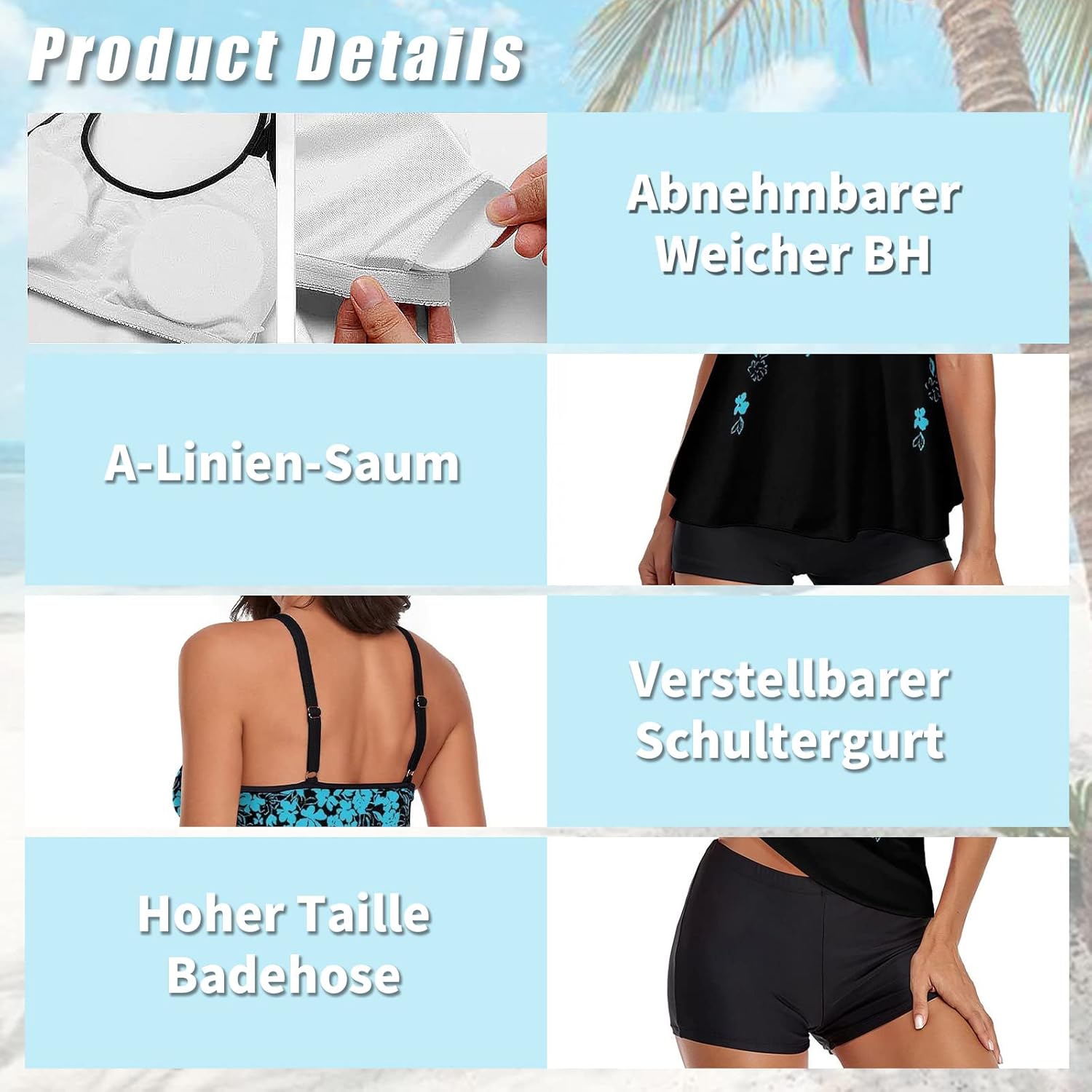 Detalle de wihnsinop Tankini Damen Bauchweg Bademode Set – Zweiteiliger Badeanzug mit verstellbaren Trägern und integrierter BH-Unterstützung