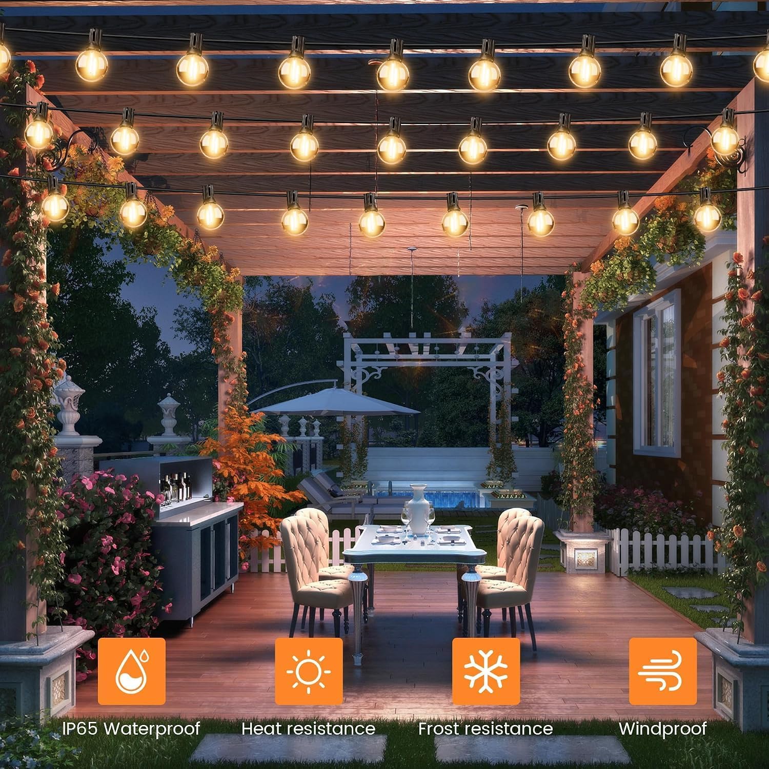 Detalle 1 de OHLUX GLS-18J2P-G40-50 Solar String Lights, 120 ft, Warm White G40 LEDs
