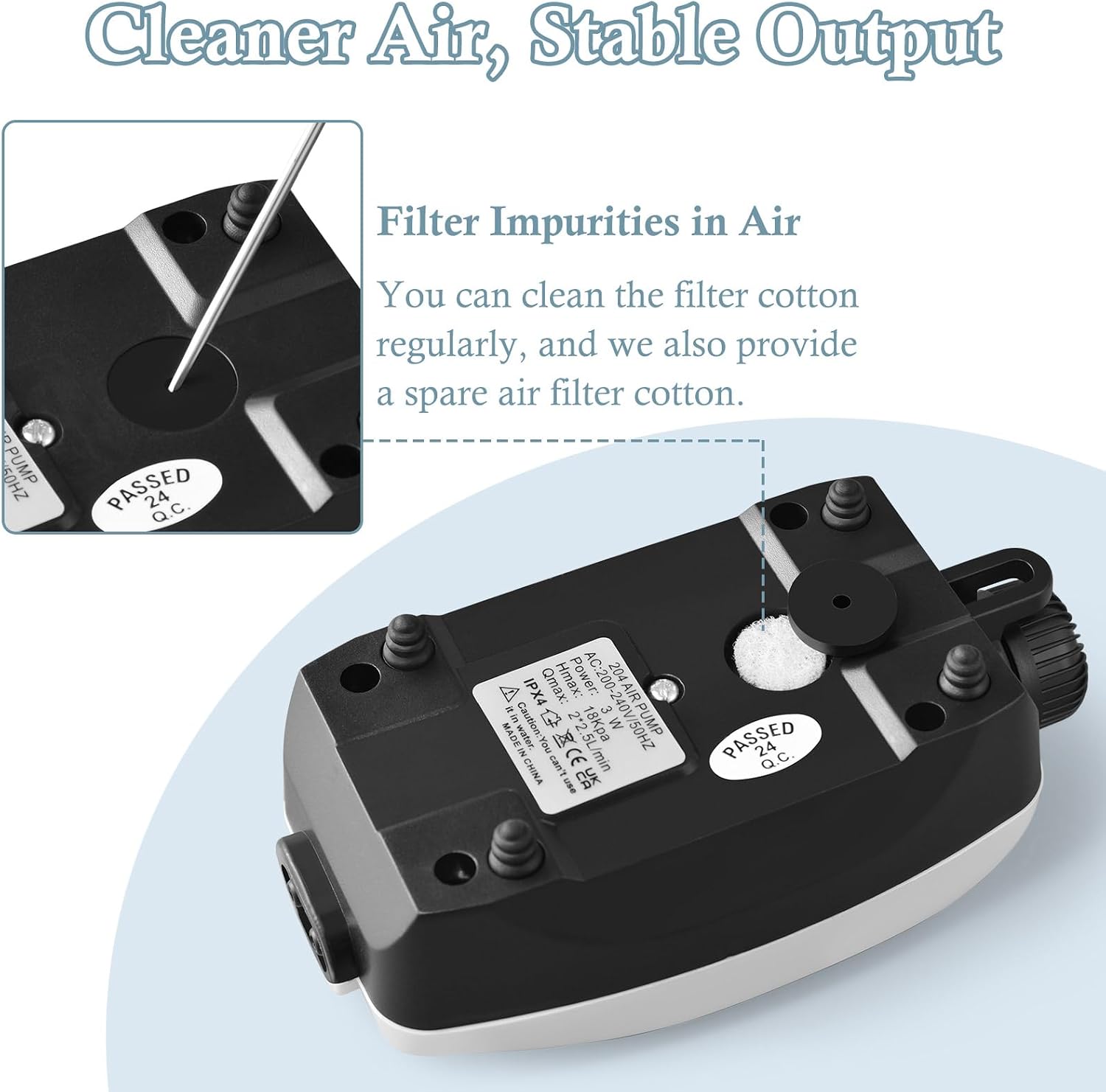 Detalle 2 de FEDOUR 3W 300LPH Dual Outlet Aquarium Air Pump: Quiet, Adjustable Oxygenation for 30–300L Tanks