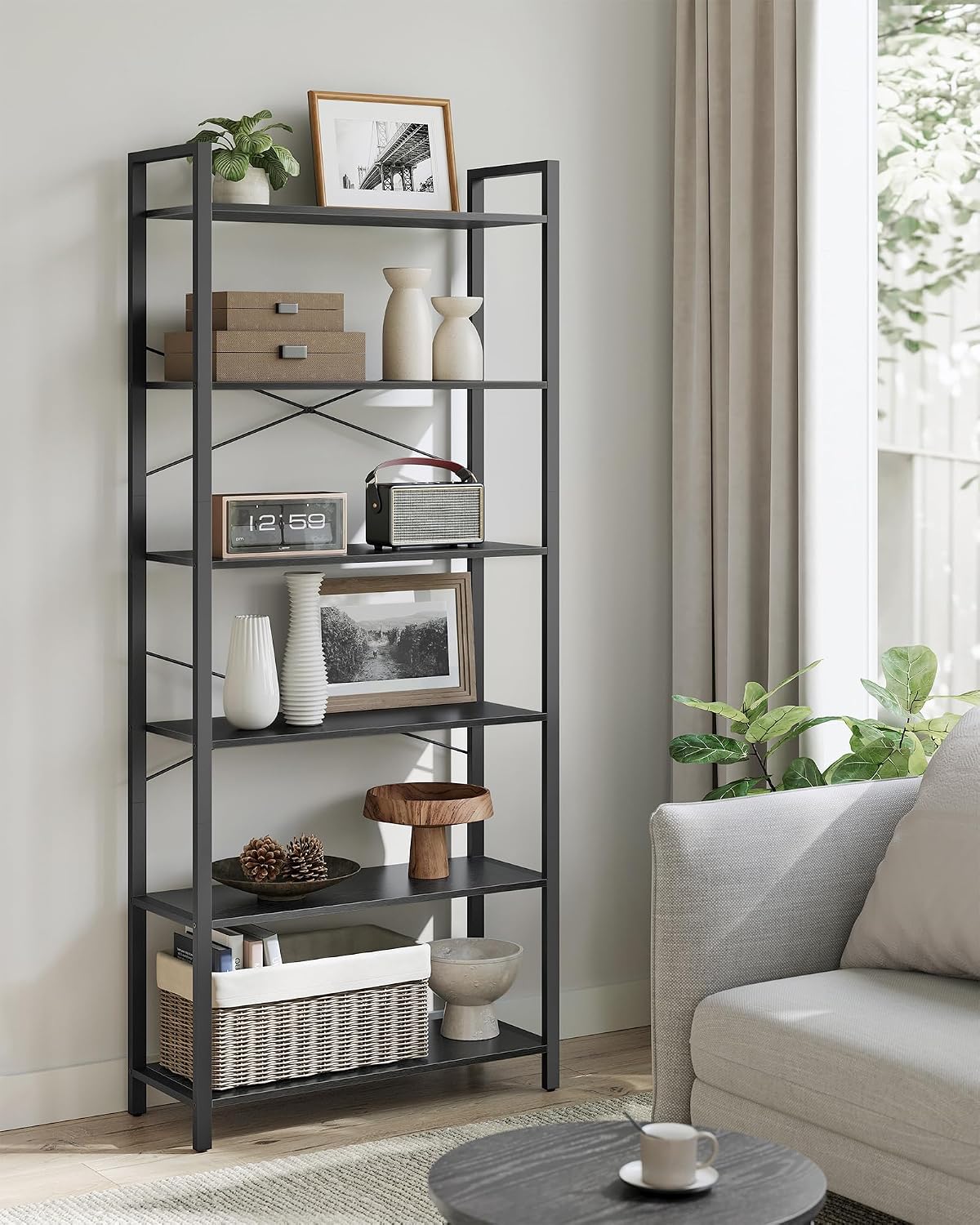 Detalle 2 de VASAGLE BARNET LLS082B56 6-Tier Bookshelf, Black Steel and Engineered Wood