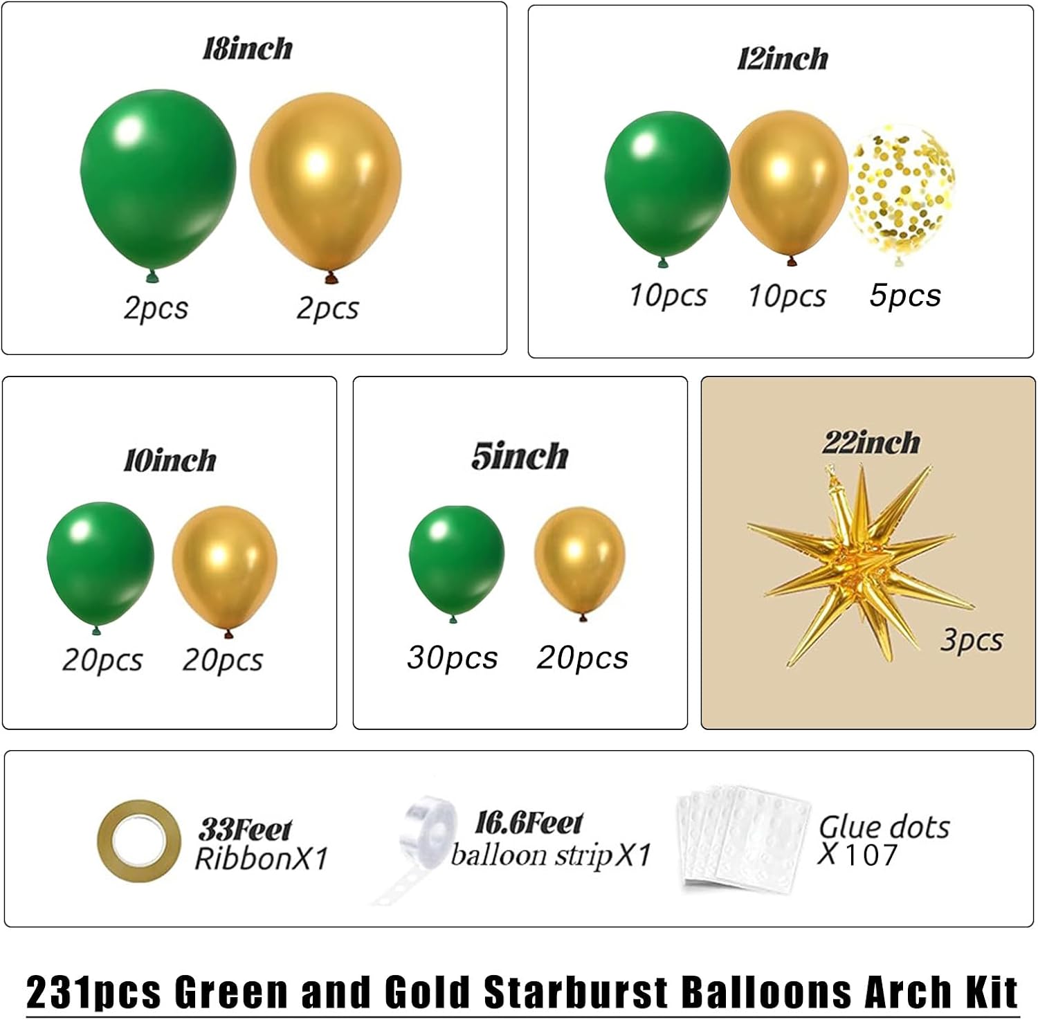 Detalle 2 de 231Pcs Green and Gold Balloon Arch Kit with Foil Star Balloons (Green & Gold)