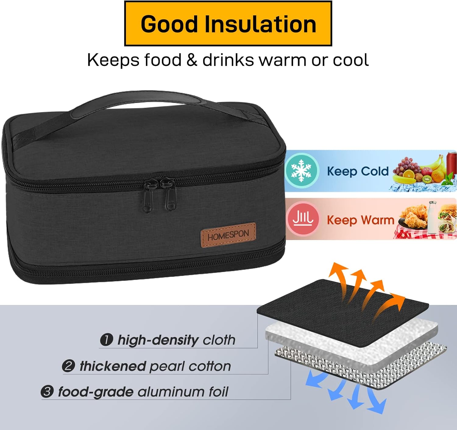 Detalle de HOMESPON Expandable Insulated Lunch Bag (Black) – foldable lunch box holder with handle