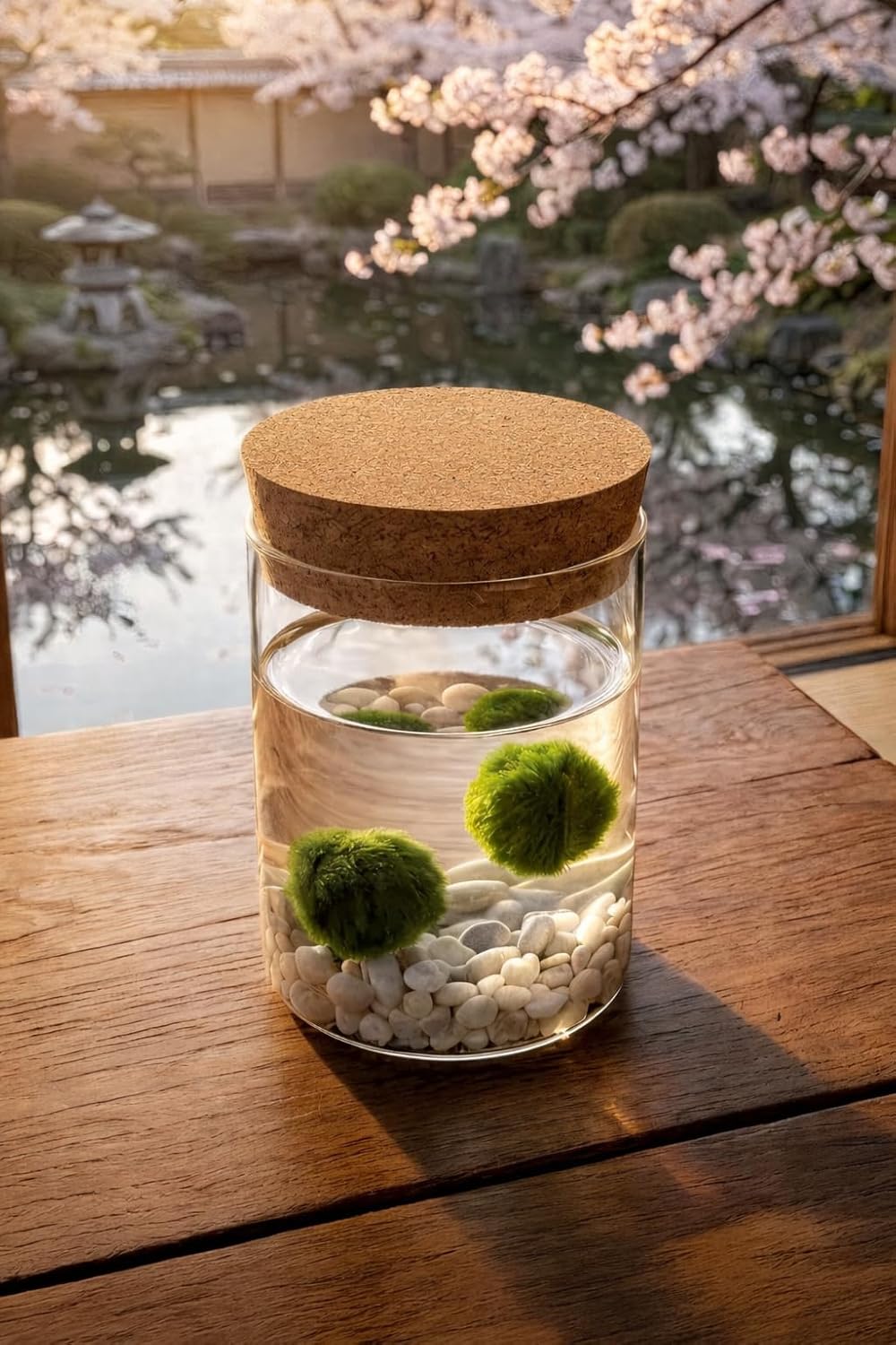Detalle de KAKI La Felicità è Nelle Piccole Cose: Marimo originale in vaso di vetro con tappo in sughero – 8x11 cm, Made in Italy