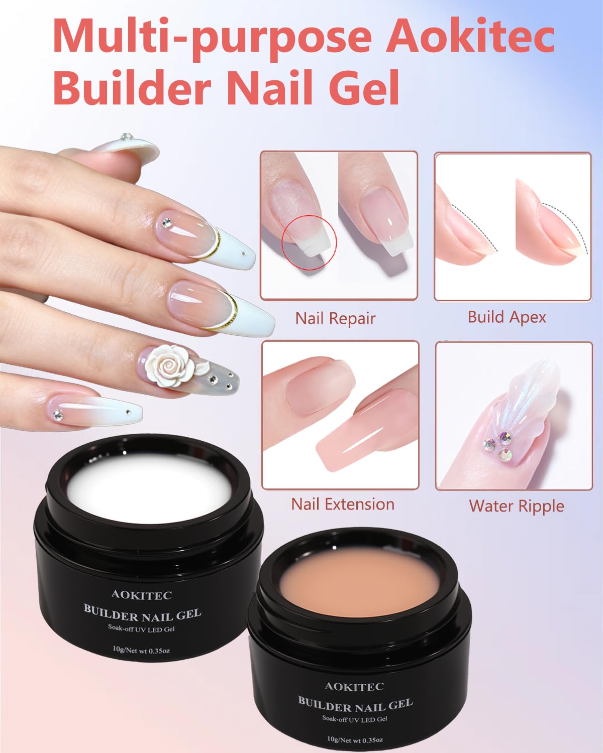 Thumbnail 1 de Aokitec Aufbaugel-Set für Gelnägel (No File & Self-Glättend) – UV-Gel in Nude und Weiß