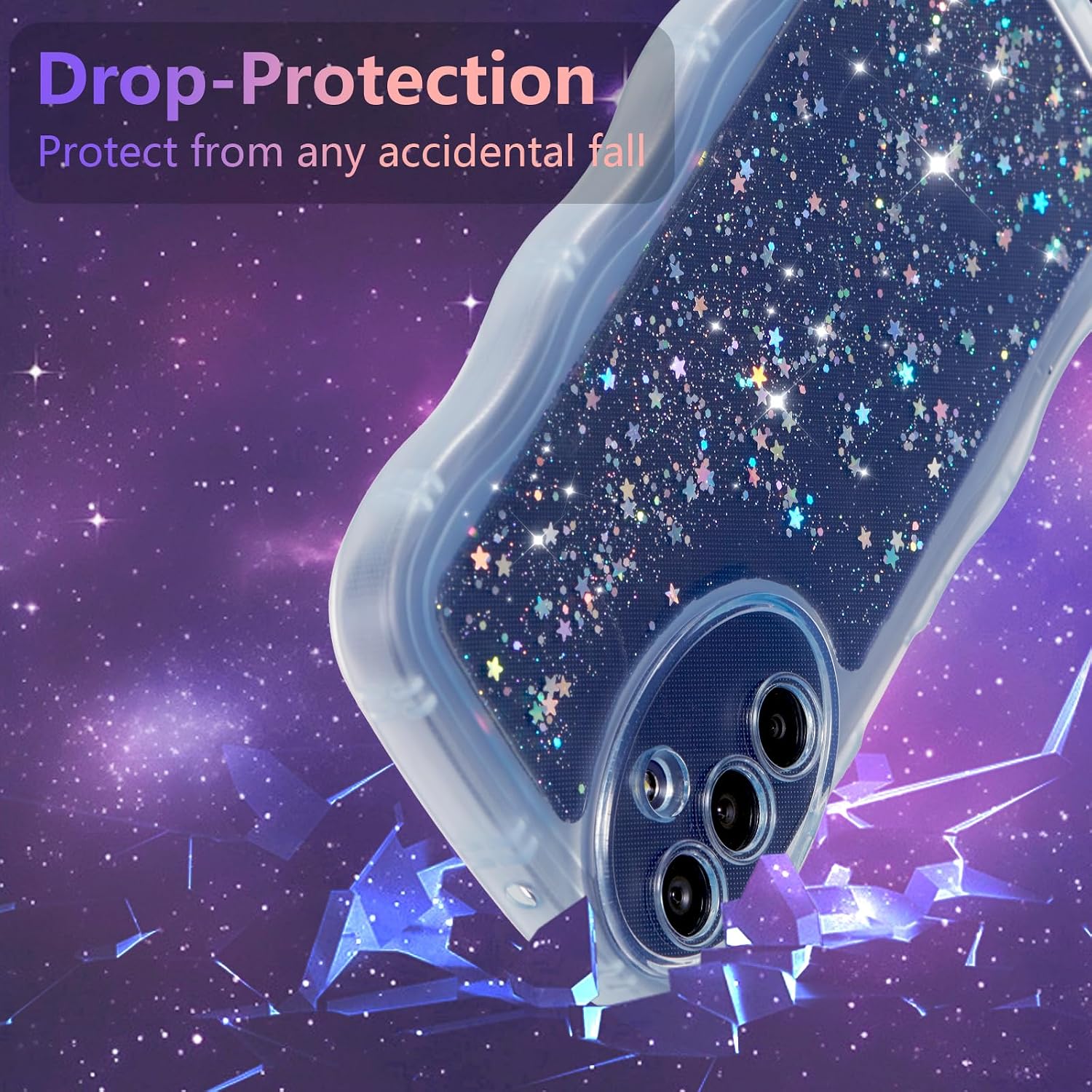 Thumbnail 3 de ZTOFERA Clear Curly Wave TPU Case for Samsung Galaxy A14 4G/5G (6.6-inch) – Blue Sparkle Star Glitter