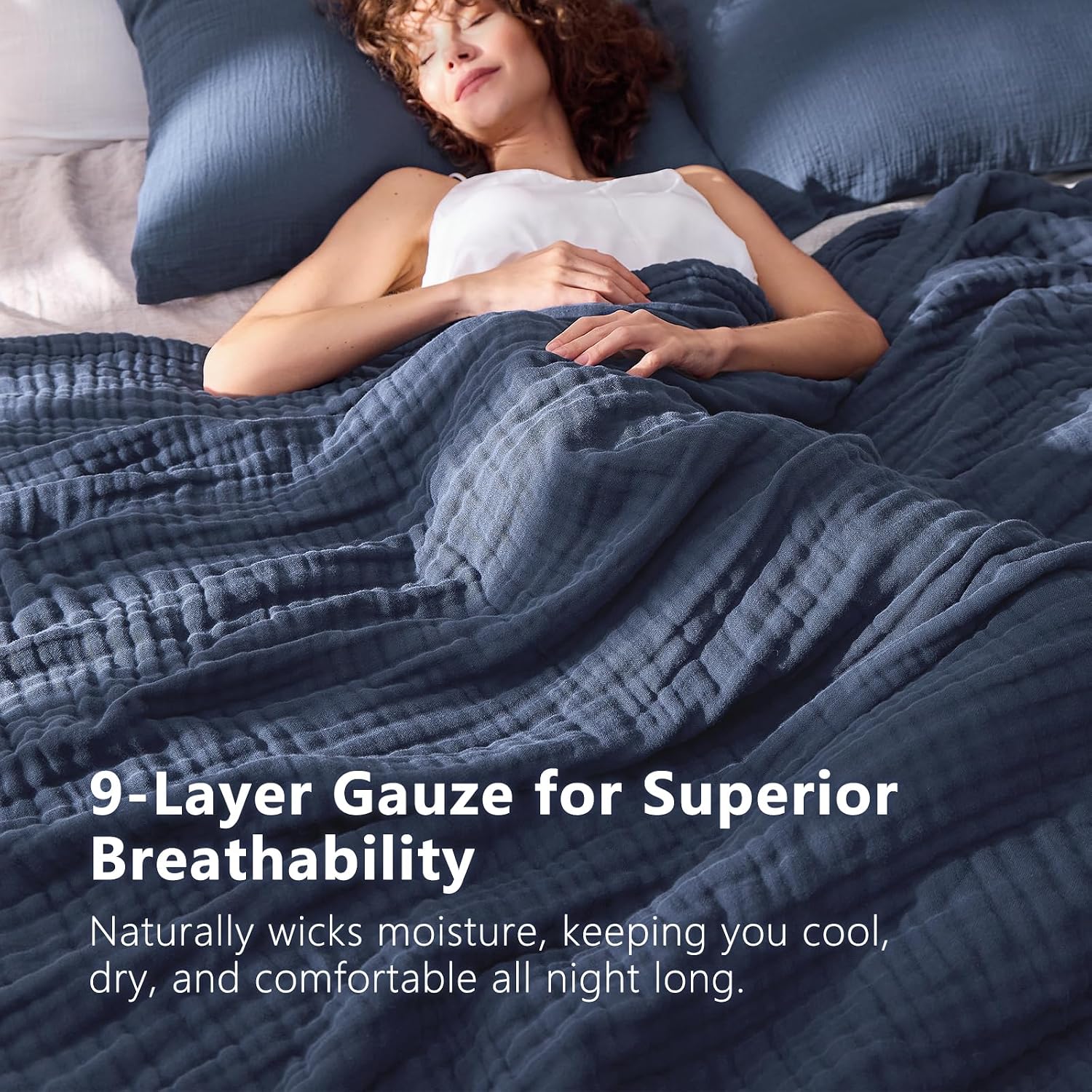 Detalle de EMME Brezpure EMCAC-9-Muslin Blanket, Queen 9-Layer Cotton Muslin, Navy