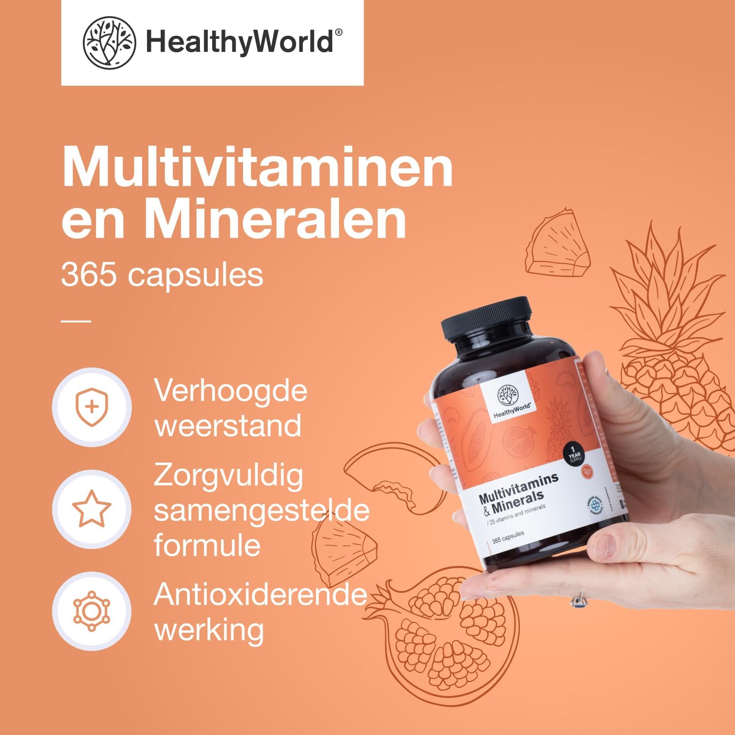 Thumbnail 1 de HealthyWorld multivitaminen en mineralen, 365 plantaardige capsules met 25 nutriënten