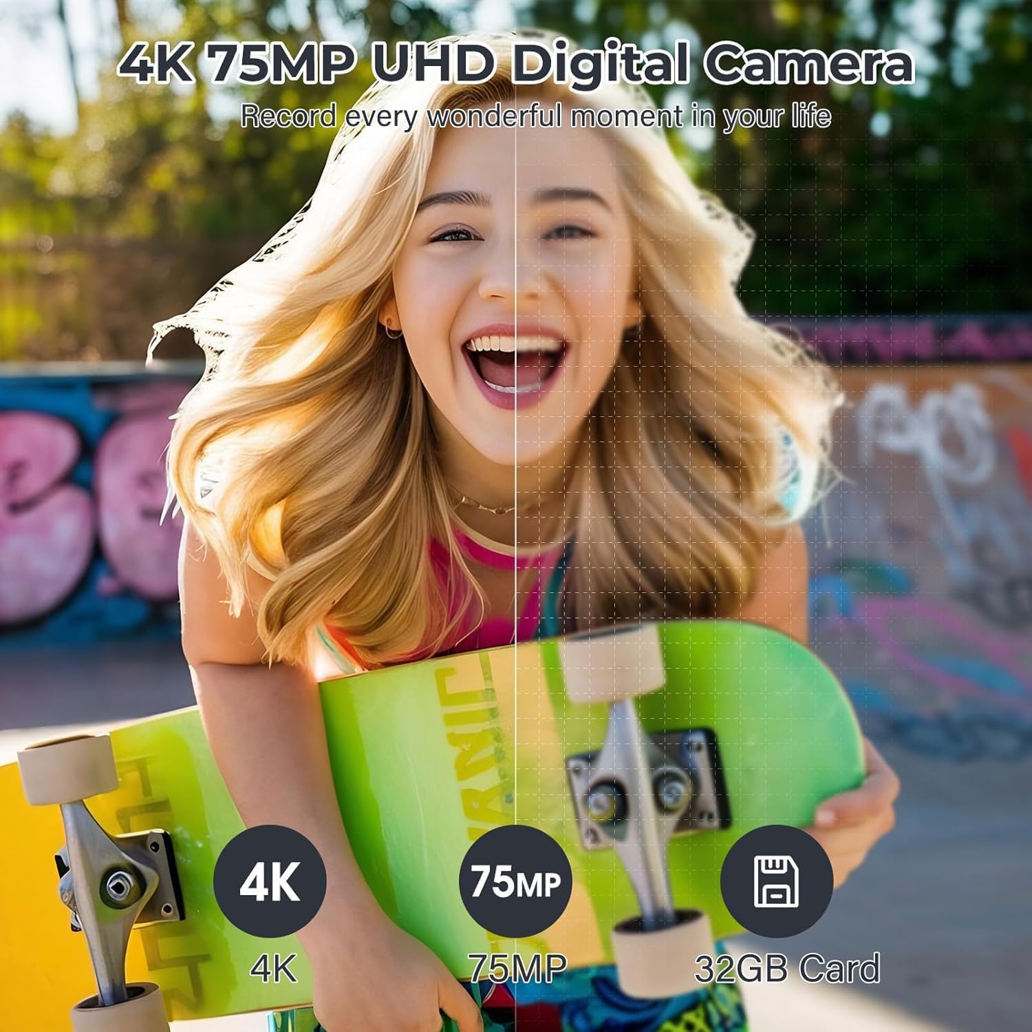 Thumbnail 2 de 4K 75MP Wi‑Fi Digital Camera for Beginners with 3-Inch Flip Screen, 32GB + Dual 1500mAh Batteries