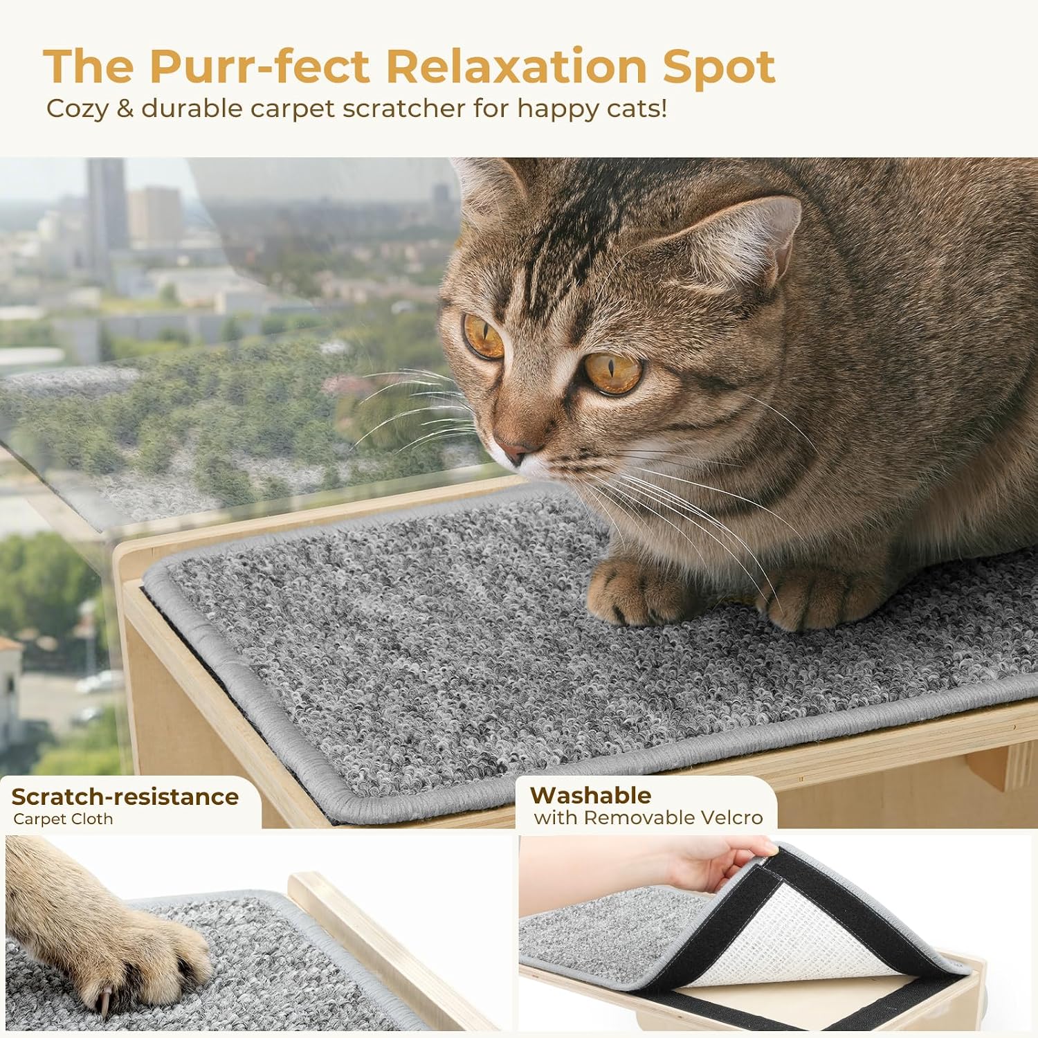 Detalle 2 de pecute Hamac chat fenêtre en bois massif avec ventouses et griffoir mural (jusqu’à 12–15 kg)