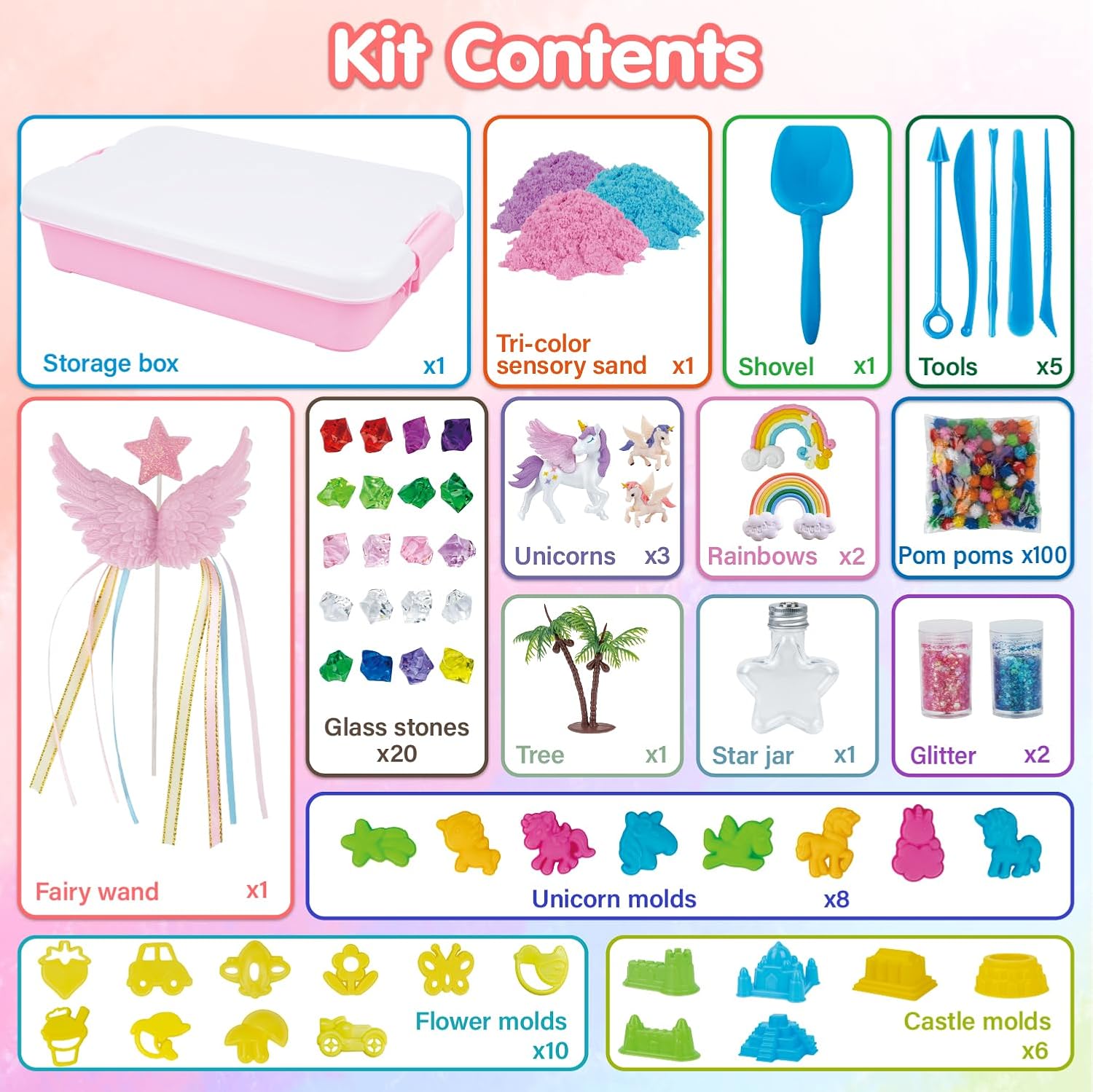 Detalle 2 de snookids Einhorn-Sandspielzeug-Set mit Himmelssand, 24 Formen & Aufbewahrungsbox (690 g)