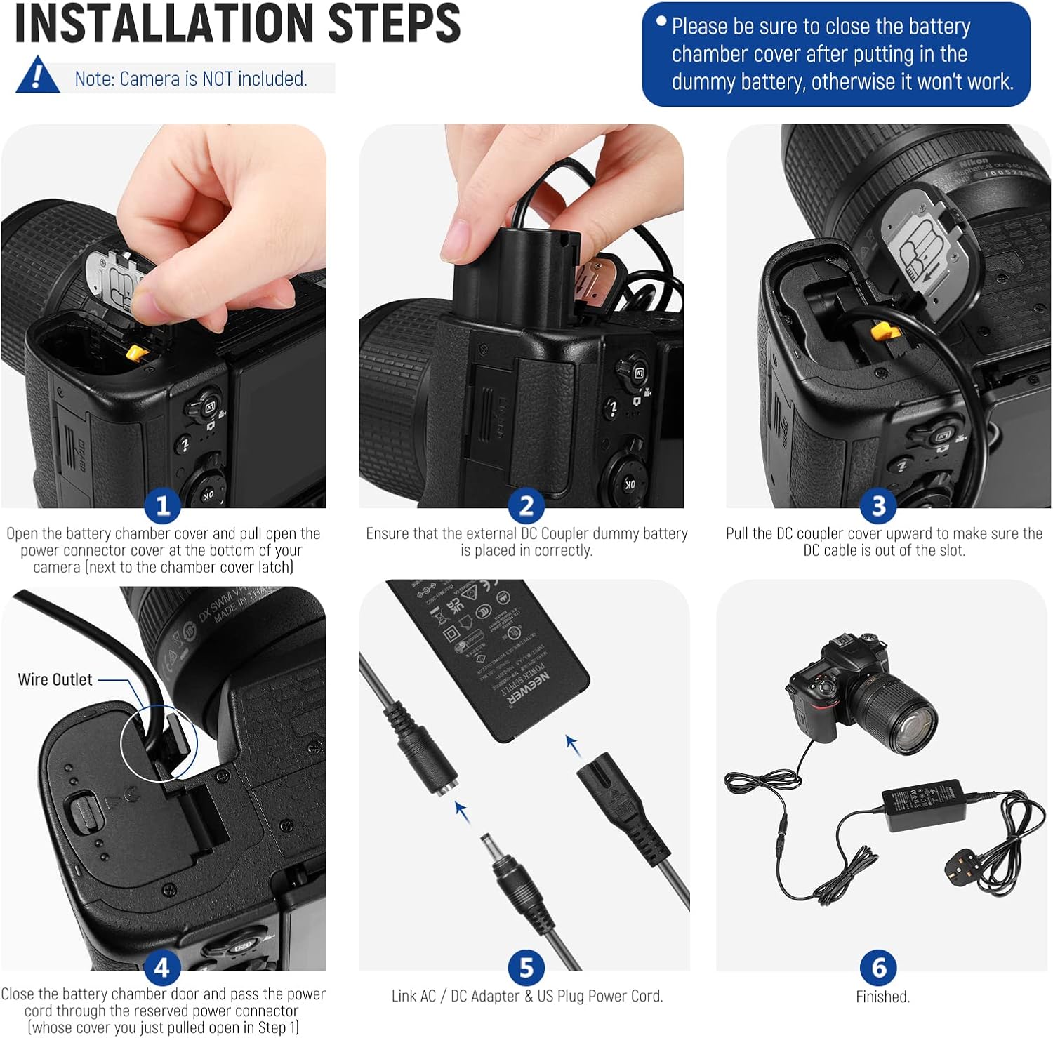 Thumbnail 5 de NEEWER Dummy Battery with AC/DC Coupler Power Adapter (Replacement for EN-EL15 / EP-5B) for Nikon cameras