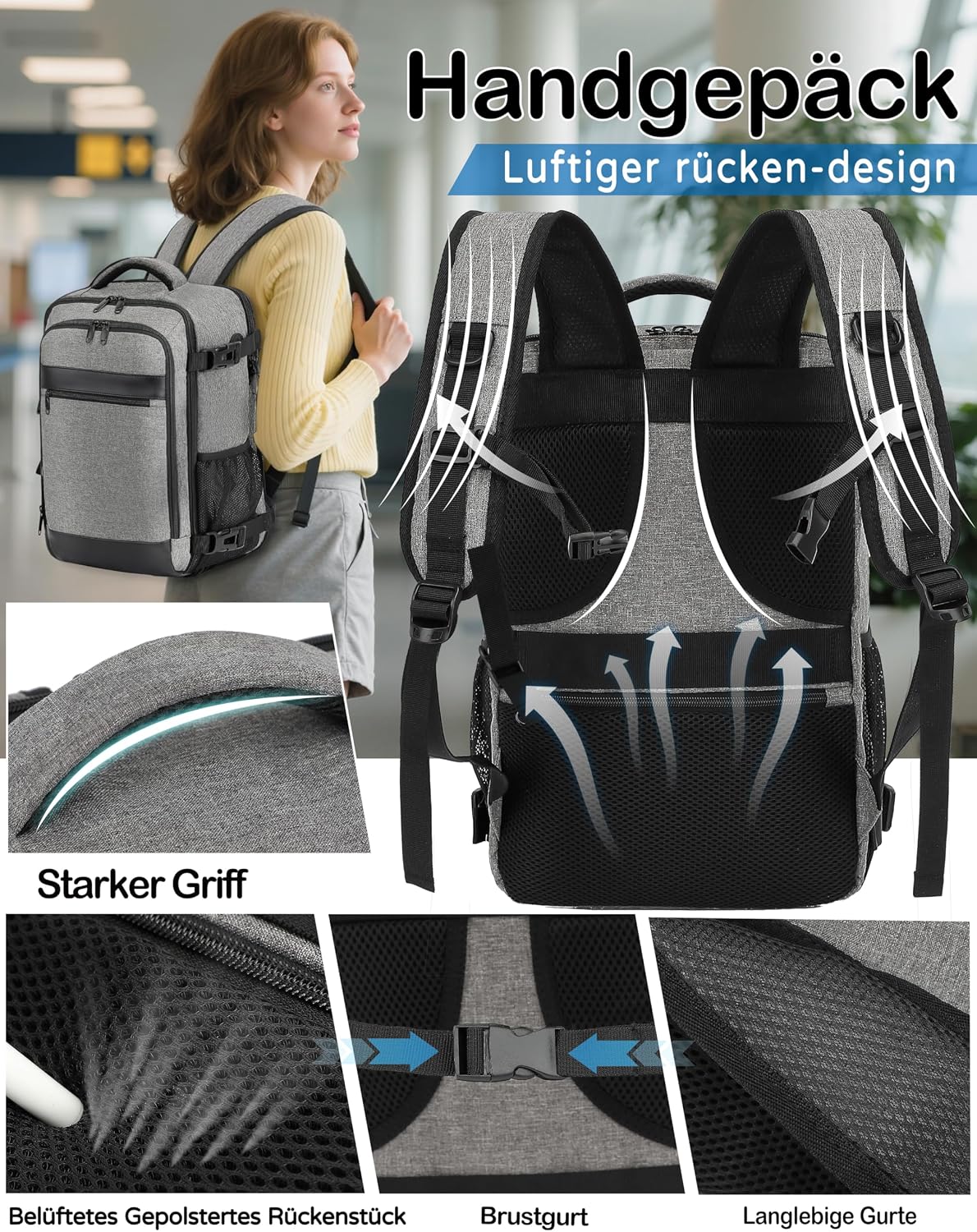 Thumbnail 4 de KLOSTAIN Handgepäck Rucksack 40x20x25 cm – 20L, 14-Zoll Laptopfach, Grau – kompatibel mit Ryanair/Eurowings