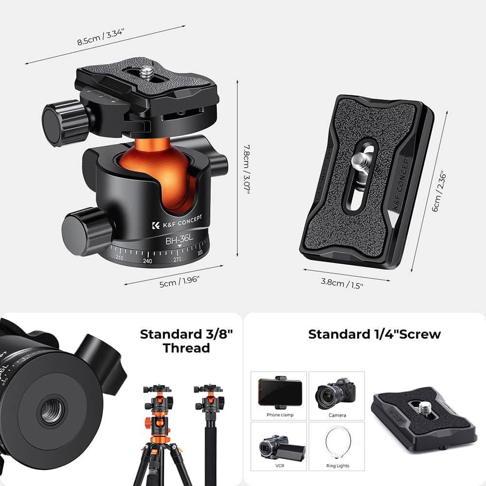 Thumbnail 3 de K&F Concept Testa a sfera per treppiede in metallo 36 mm, rotazione a 360°, livella a bolla