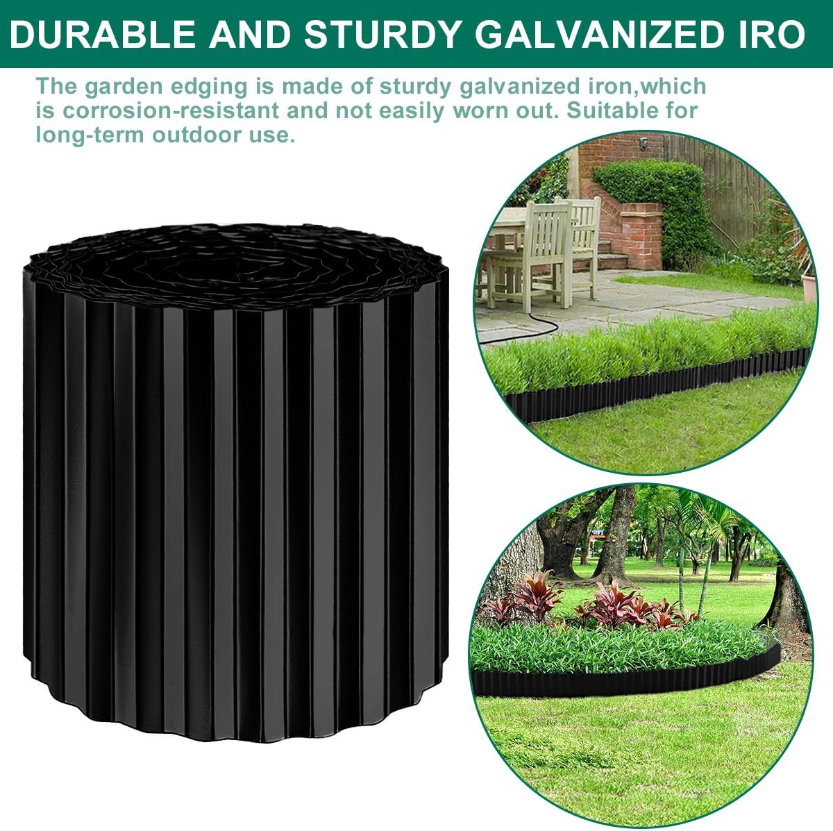 Thumbnail 2 de 8 in x 20 ft Corrugated Galvanized Garden Edging Border (Black) – Flexible Metal Lawn Border
