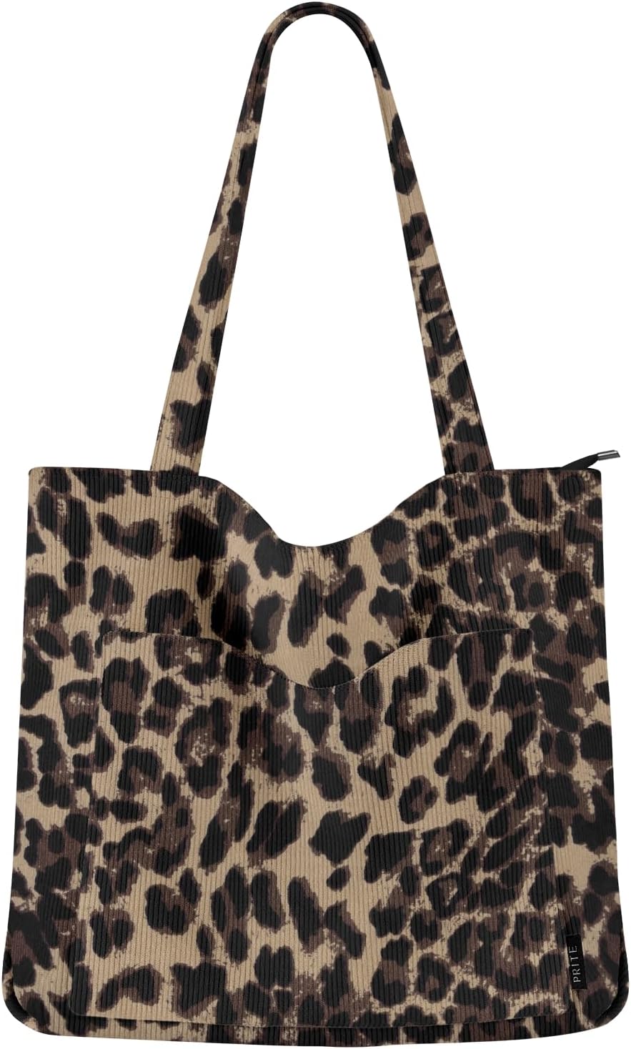 Detalle de Prite Corduroy Leopard Tote Bag for Women – Large Corduroy Shoulder Bag with Zipper & Pockets