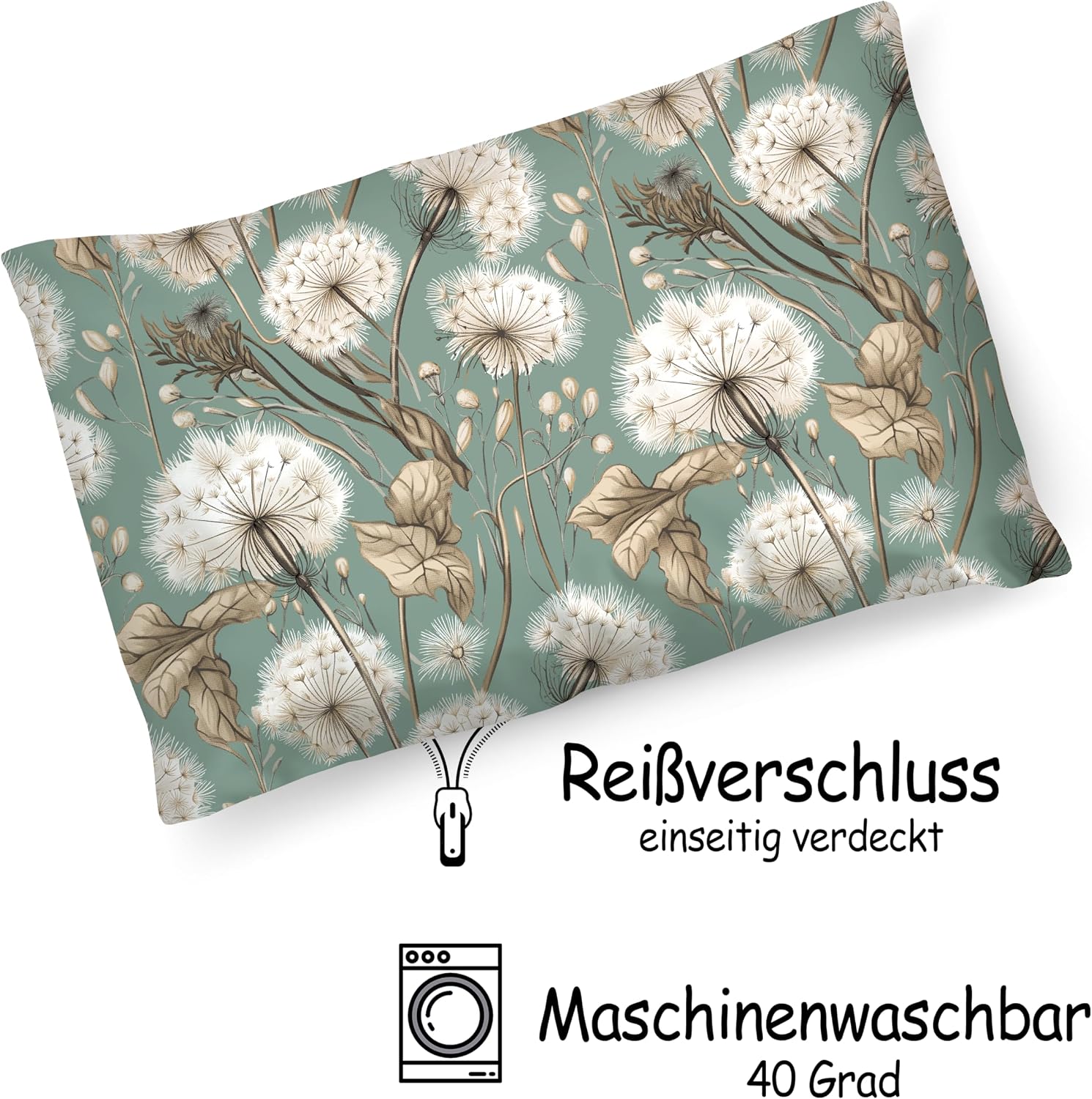 Thumbnail 4 de PinkZebra Kopfkissenbezug (35 x 40 cm) aus 100% Baumwolle mit Reißverschluss – Löwenzahn Grün