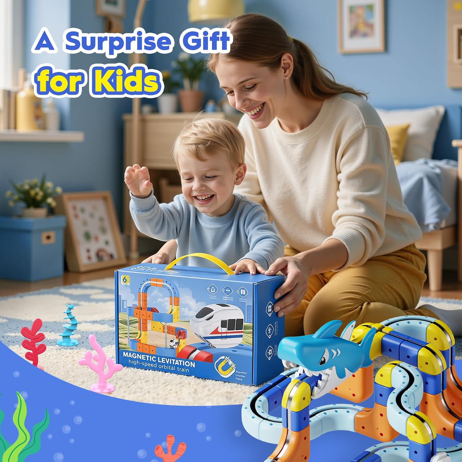 Thumbnail 6 de 117 Pezzi Giochi Bambini 3–8 Anni: Cubi Binari 3D con Trenino Squalo Magnetico per Mondi Oceano