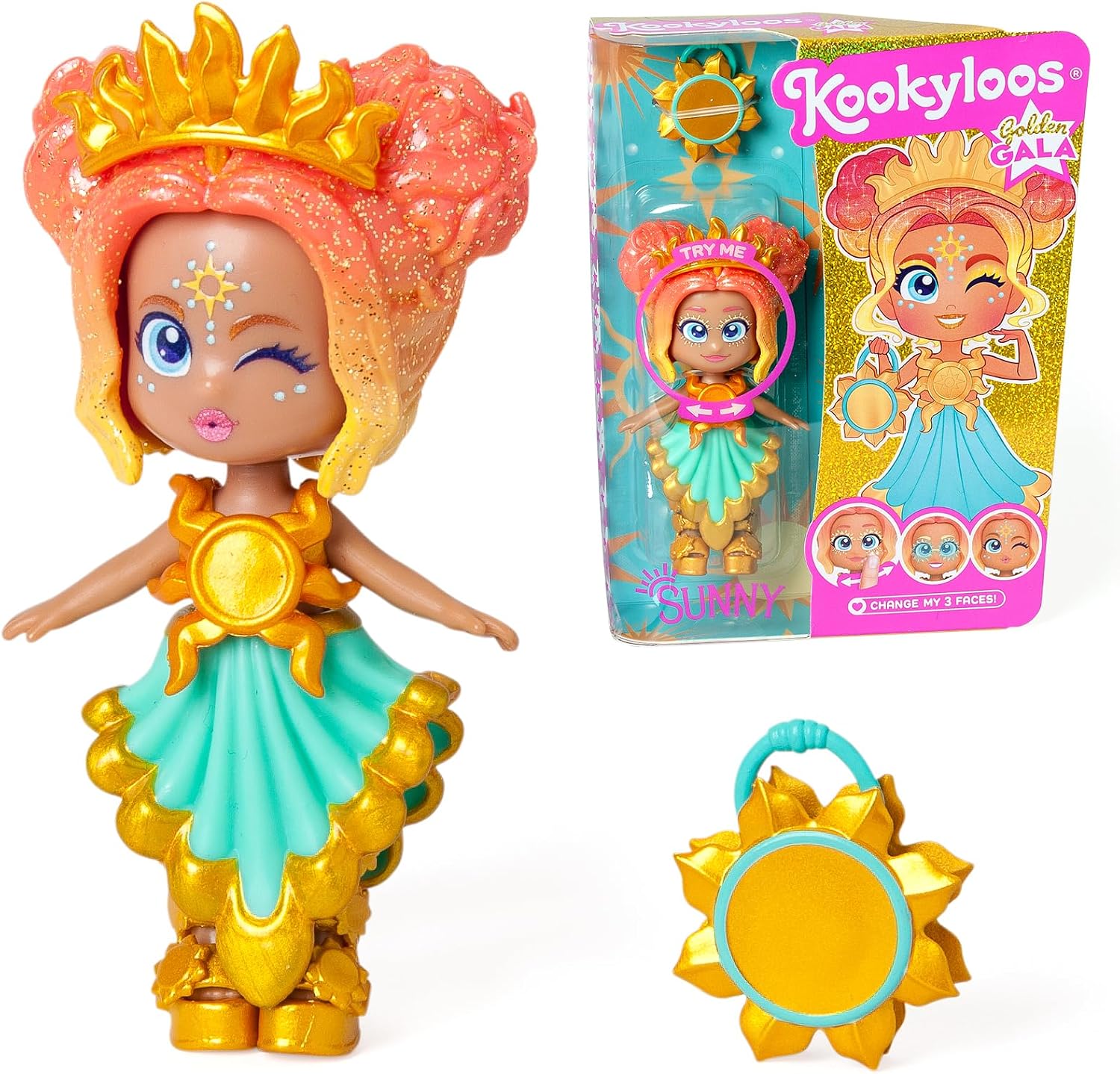 Detalle de KOOKYLOOS Golden Gala Sunny – laleczka z 3 minkami i modnym strojem