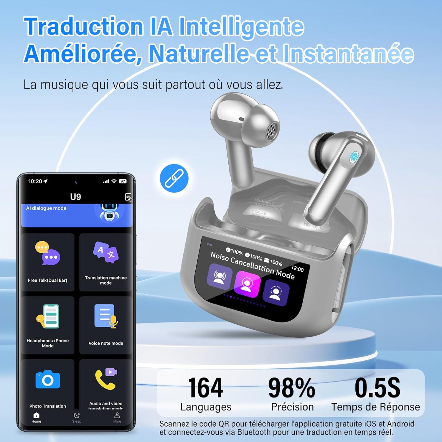 Thumbnail 1 de QXUFV AI Écouteur Traducteur instantané jusqu’à 164 langues avec ANC/ENC et écran tactile LED (gris)