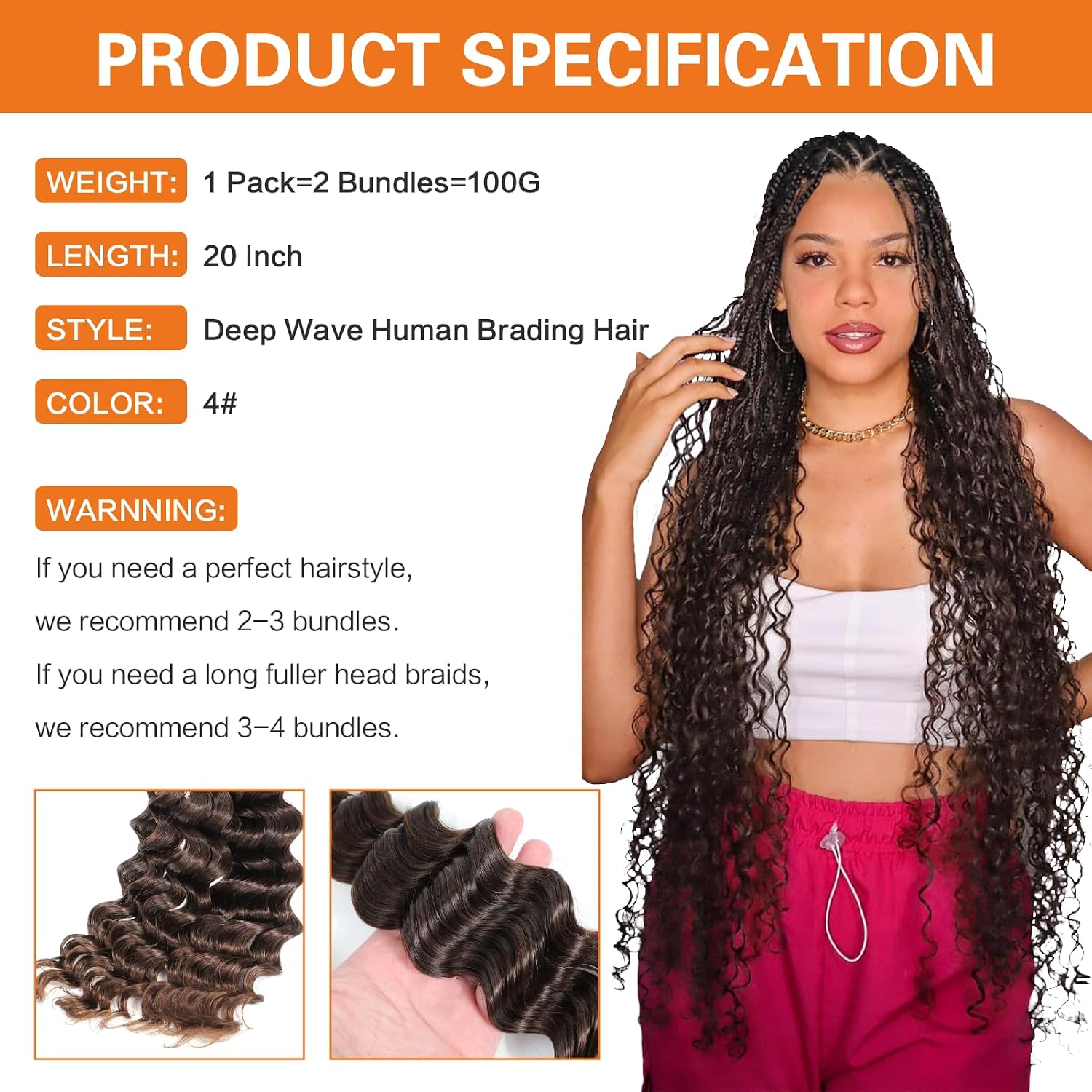 Thumbnail 1 de Yacurcur Deep Wave Human Hair for Braiding, 20-Inch, 100 g, Colour 4#