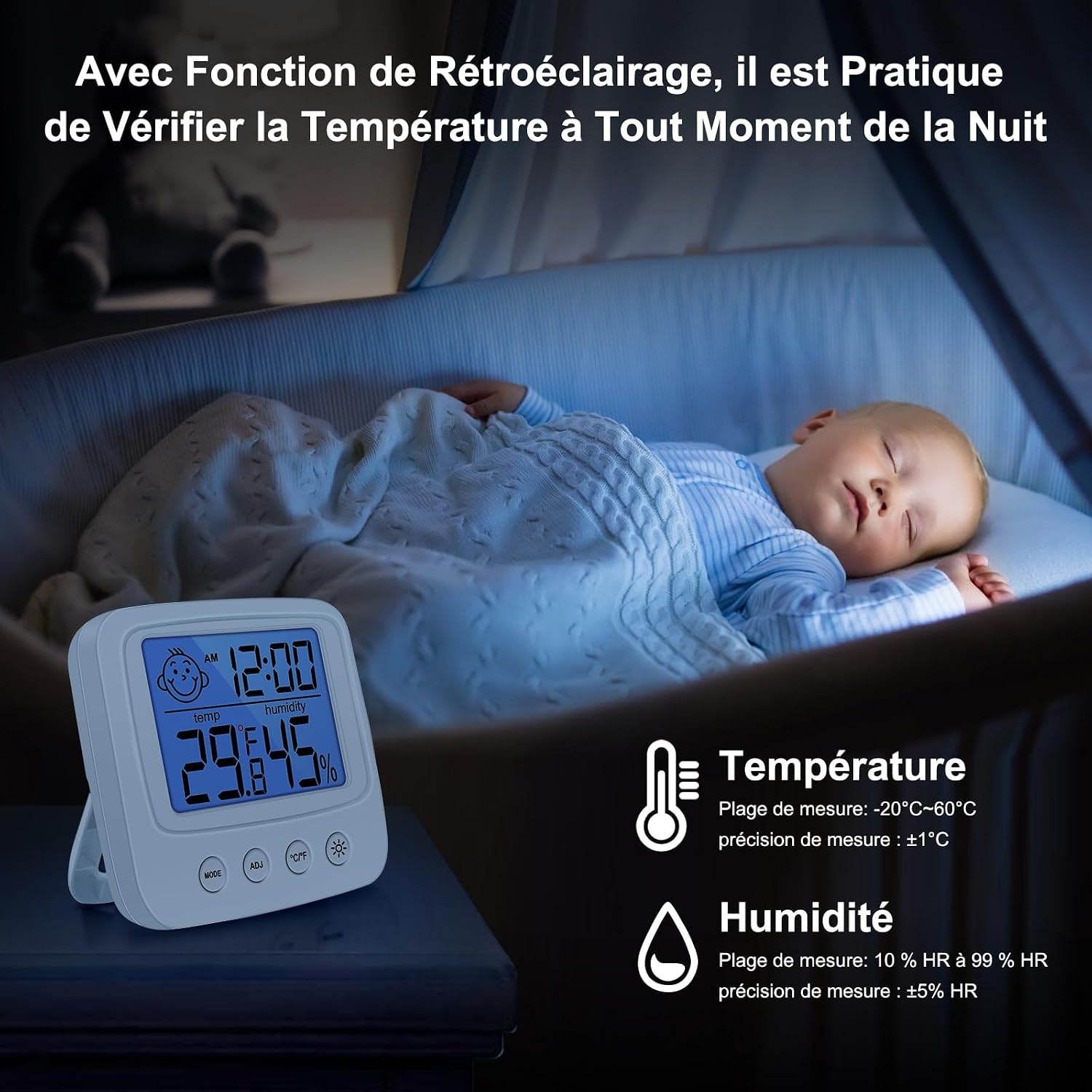 Detalle de Vinabo High Accuracy Digital Thermometer Hygrometer (Indoor Desktop Monitor with Backlight Clock)