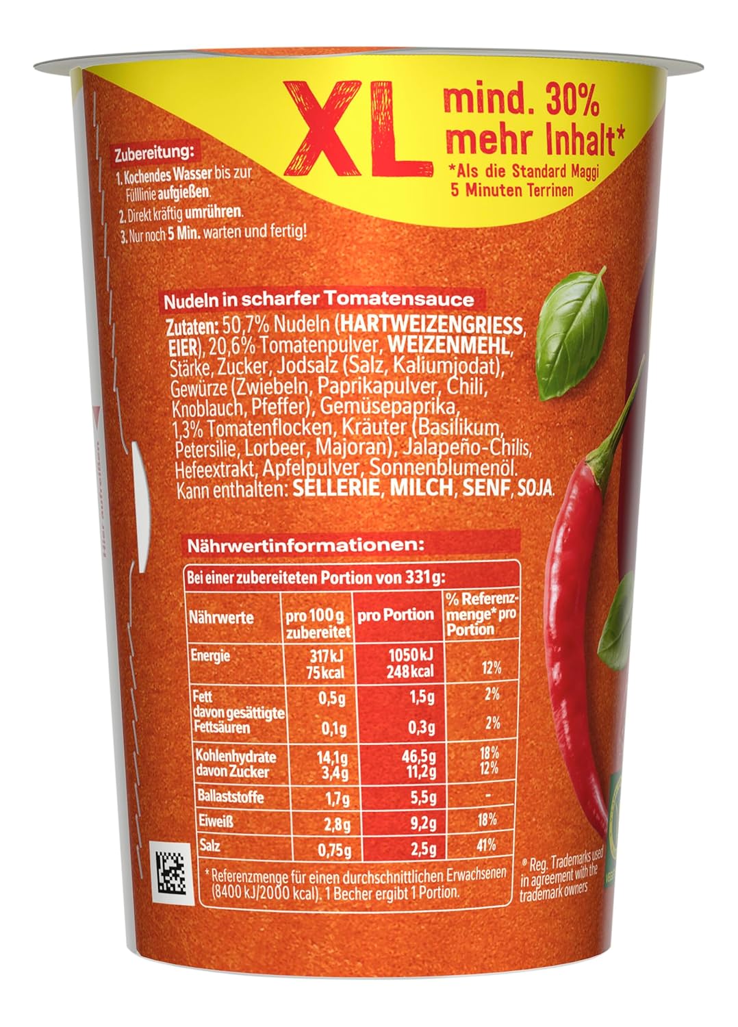Detalle 2 de MAGGI 5 Minuten Terrine XL Nudeln All' Arrabbiata – XL-Portion, vegetarisch, pikant (8 x 71 g)