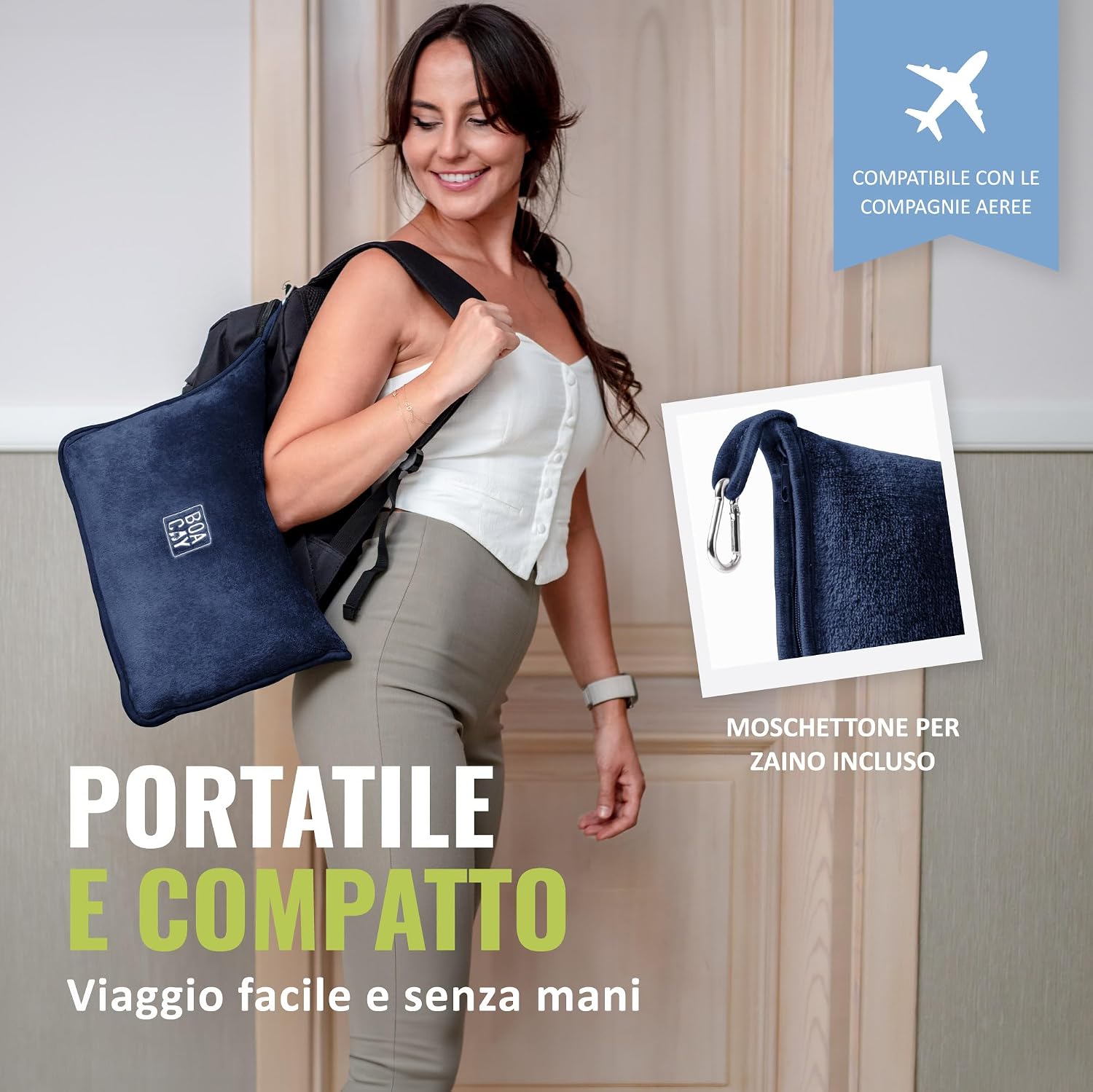 Detalle de BOACAY Coperta da viaggio morbida e calda 2-in-1 per aereo e auto (100x160 cm) con manica per bagagli e clip per zaino