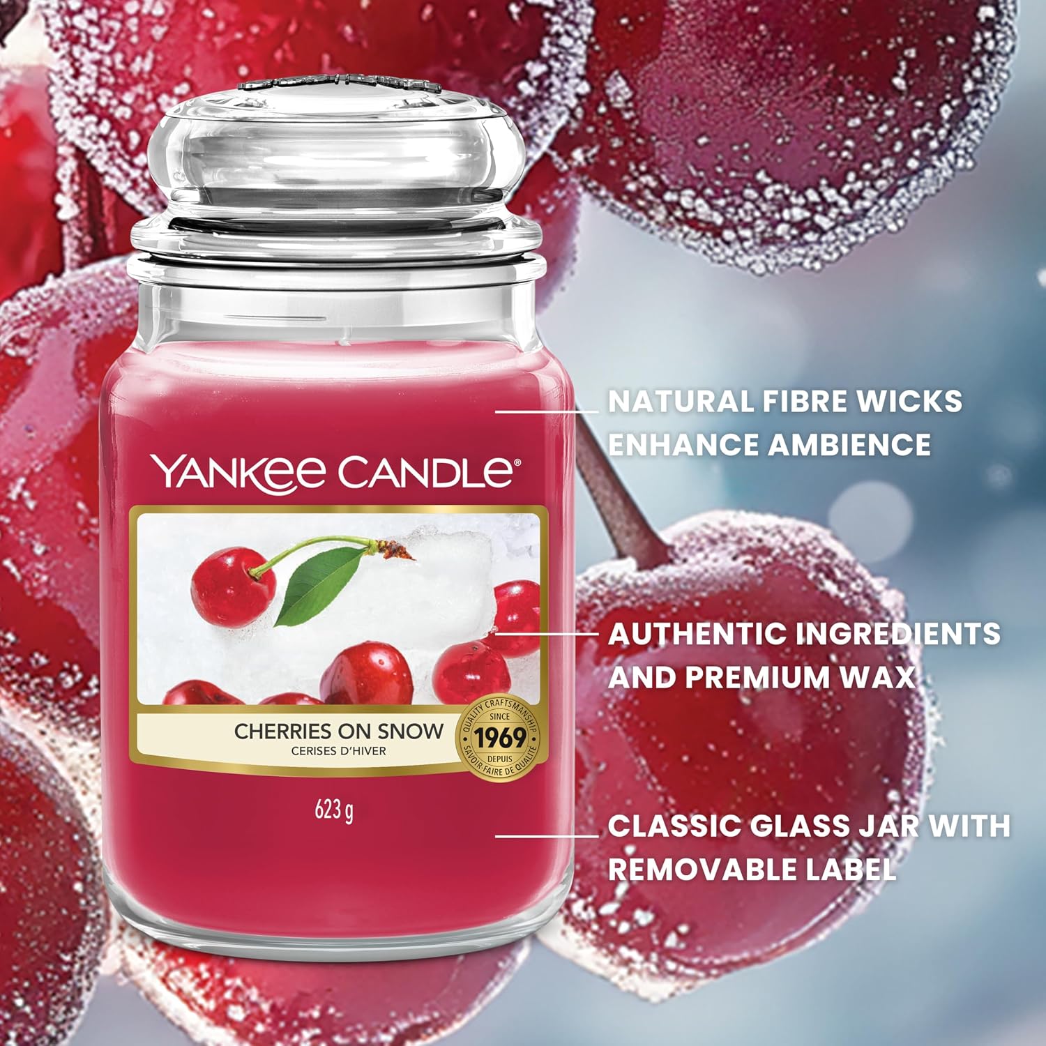 Detalle de Yankee Candle Scented Candle | Cherries on Snow Large Jar – Long Burn (Up to 150 Hours)