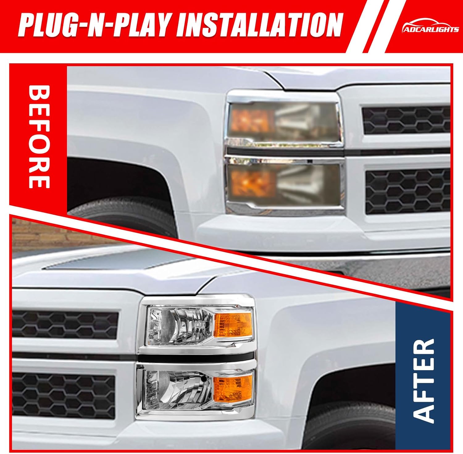 Thumbnail 4 de ADCARLIGHTS OE-Style Headlight Assembly Pair for 2014–2015 Chevy Silverado 1500 (Halogen, Chrome Housing)